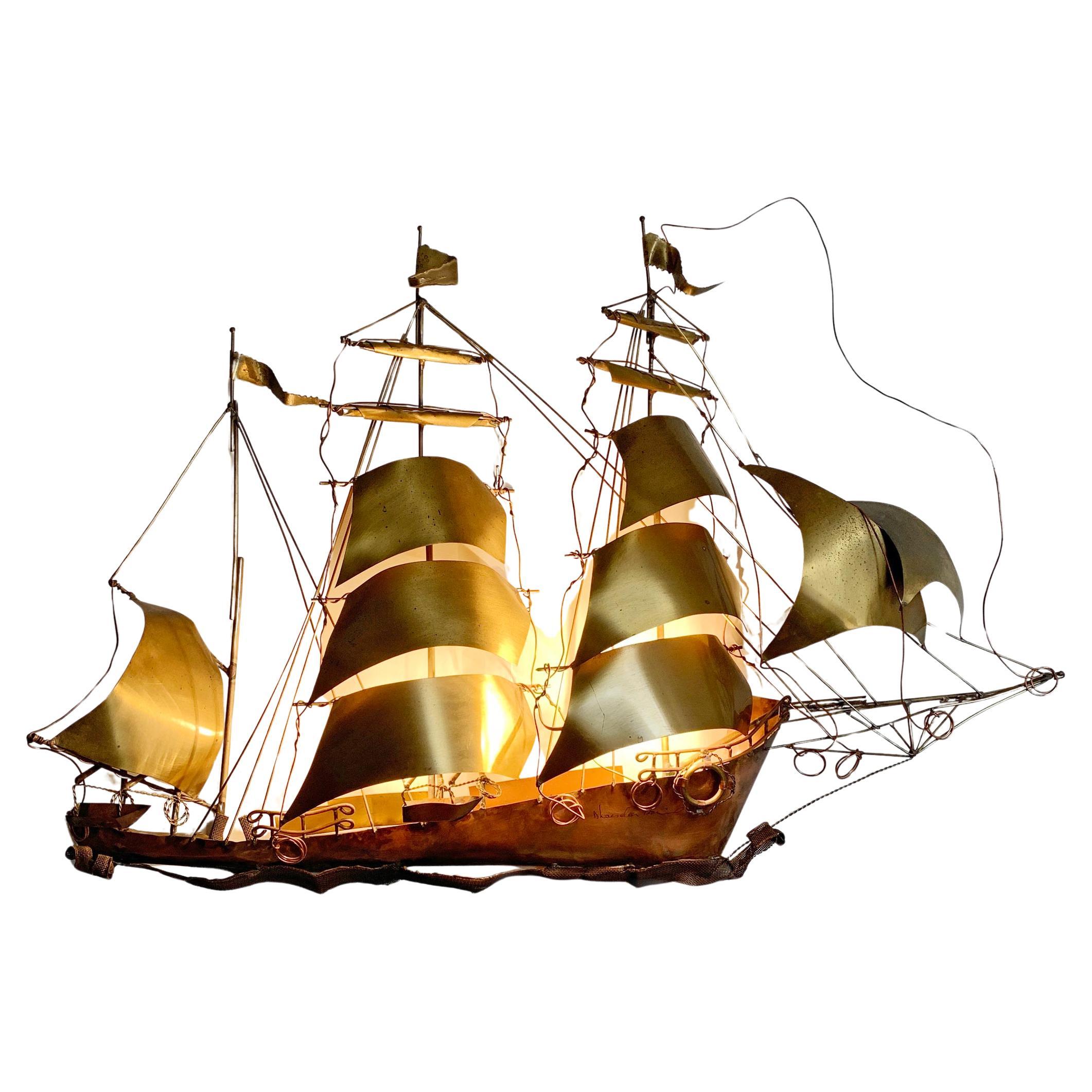 Daniel d’Haeseleer Gold Sailing Boat Wall Light 1970s