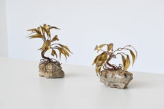 Daniel d'Haeseleer paire de sculptures de palmiers en laiton et pierre Belgique 1970