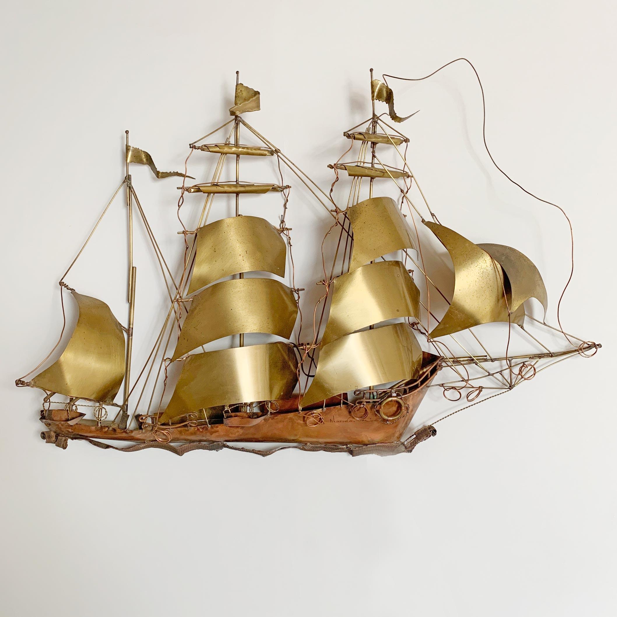 Brass Daniel d’Haeseleer Gold Sailing Boat Wall Light, 1970s For Sale