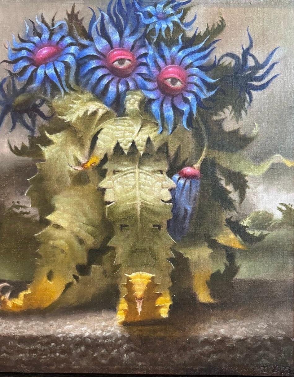 Maffe Plant Weird Plant Ölgemälde auf Tafel Surrealismus Pareidolie Vorrätig – Painting von Daniel Douglas