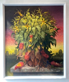 Peinture à l'huile sur panneau, surréalisme Pareidolia, renaissance d'une plante, en stock