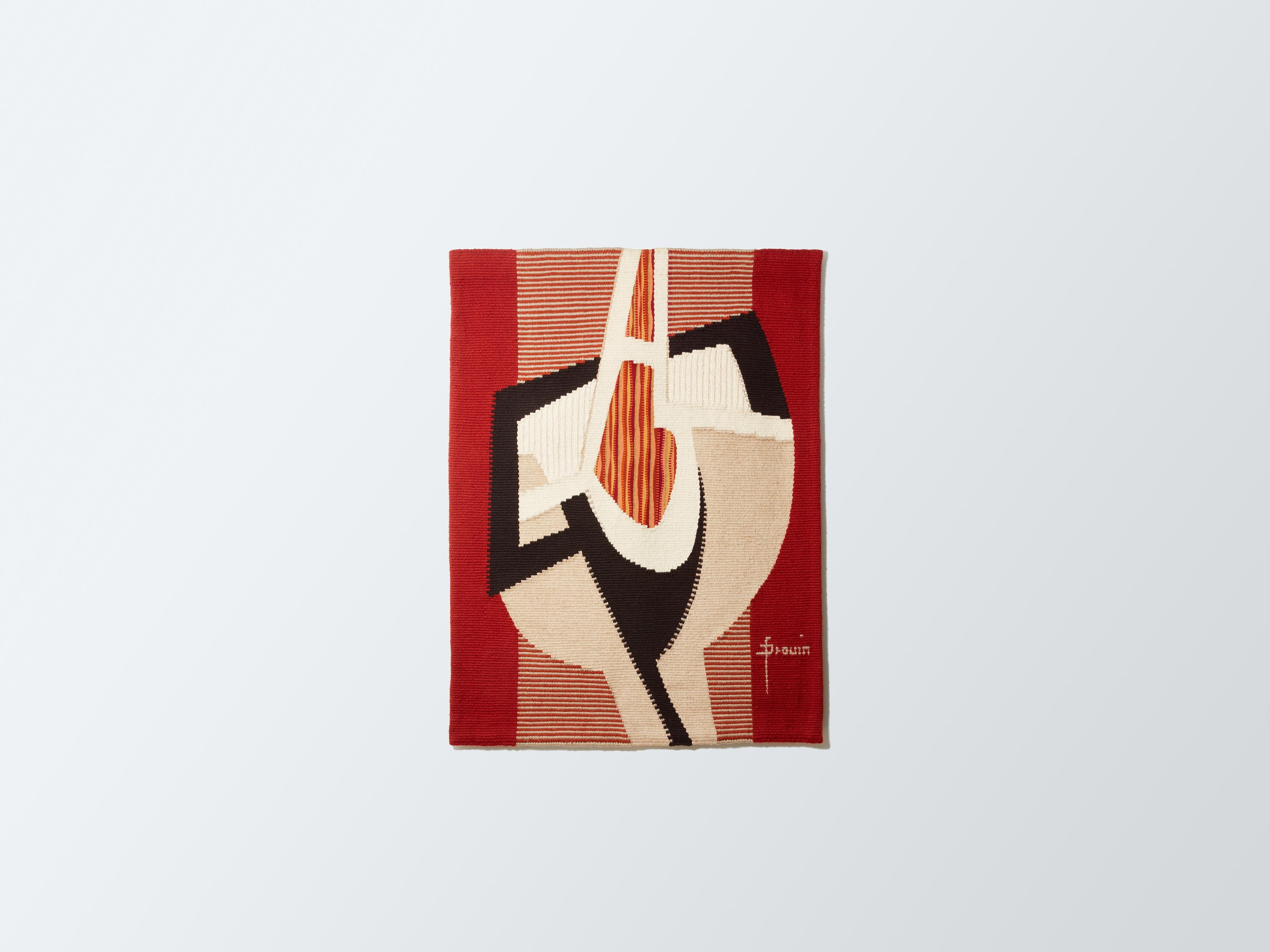Laine Daniel Drouin, tapisserie abstraite en laine tissée rouge ombré, 1970