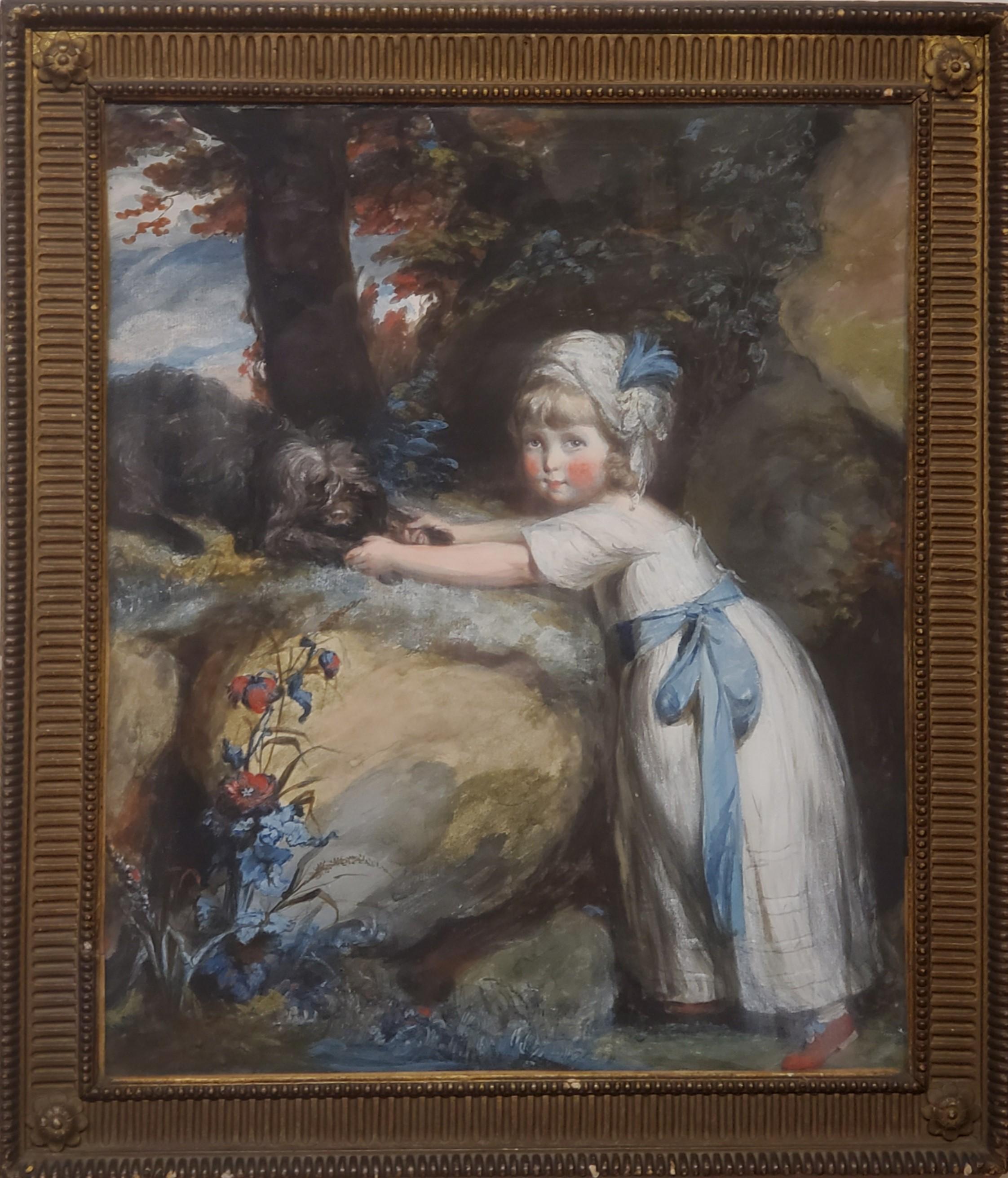 Daniel Gardner Portrait Painting - Pastel Portrait of A Child Playing With Her Dog