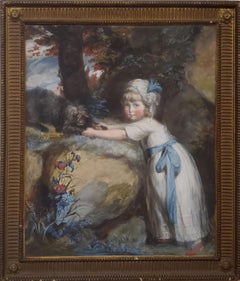 Pastel Portrait of A Child Playing With Her Dog