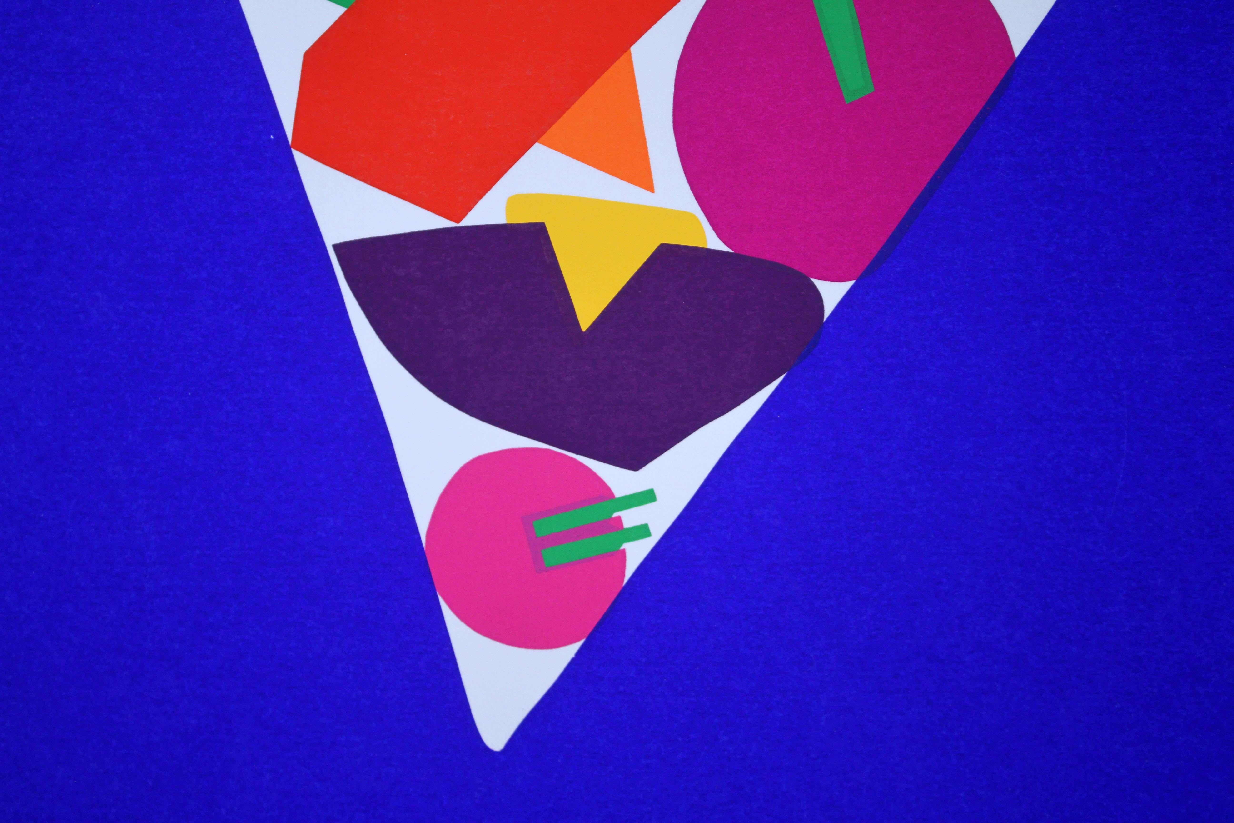 A marvelous serigraph titled “Blue Bowl” by Serbian American artist Daniel Gelakoska. Artist embossed seal “Daniel Gelakoska Printworks” via the bottom of the print. Bright abstracted shapes are reminiscent of modern collage artists like Henri