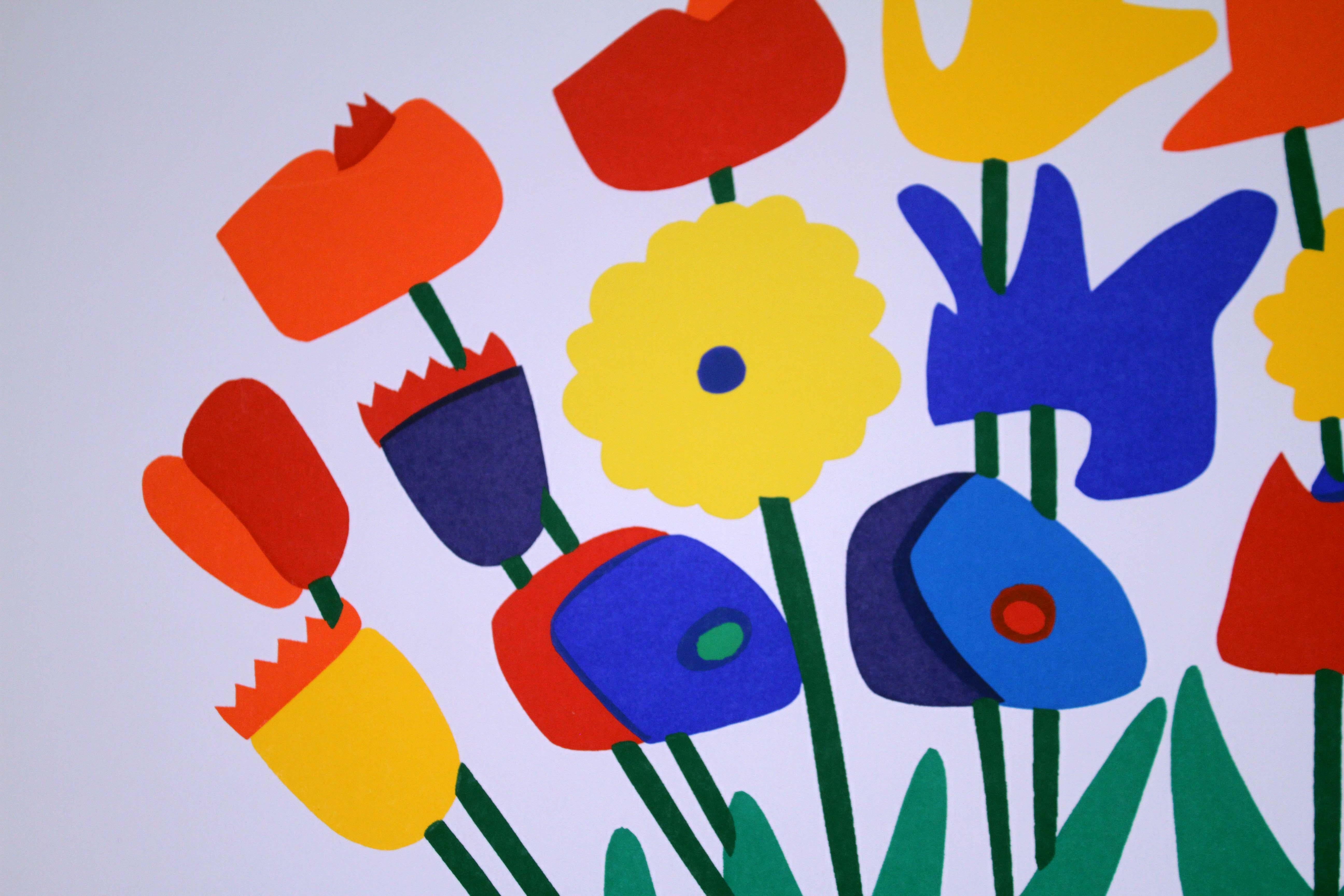 A colorful and joyful serigraph titled “Blue Vase” by Serbian American artist Daniel Gelakoska. Artist embossed seal “Daniel Gelakoska Printworks” via the bottom of the print. Bright abstracted shapes are reminiscent of modern collage artists like