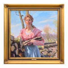 "Recogiendo Madera" Pintura Contemporánea Colorista Retrato Figurativo de una Mujer