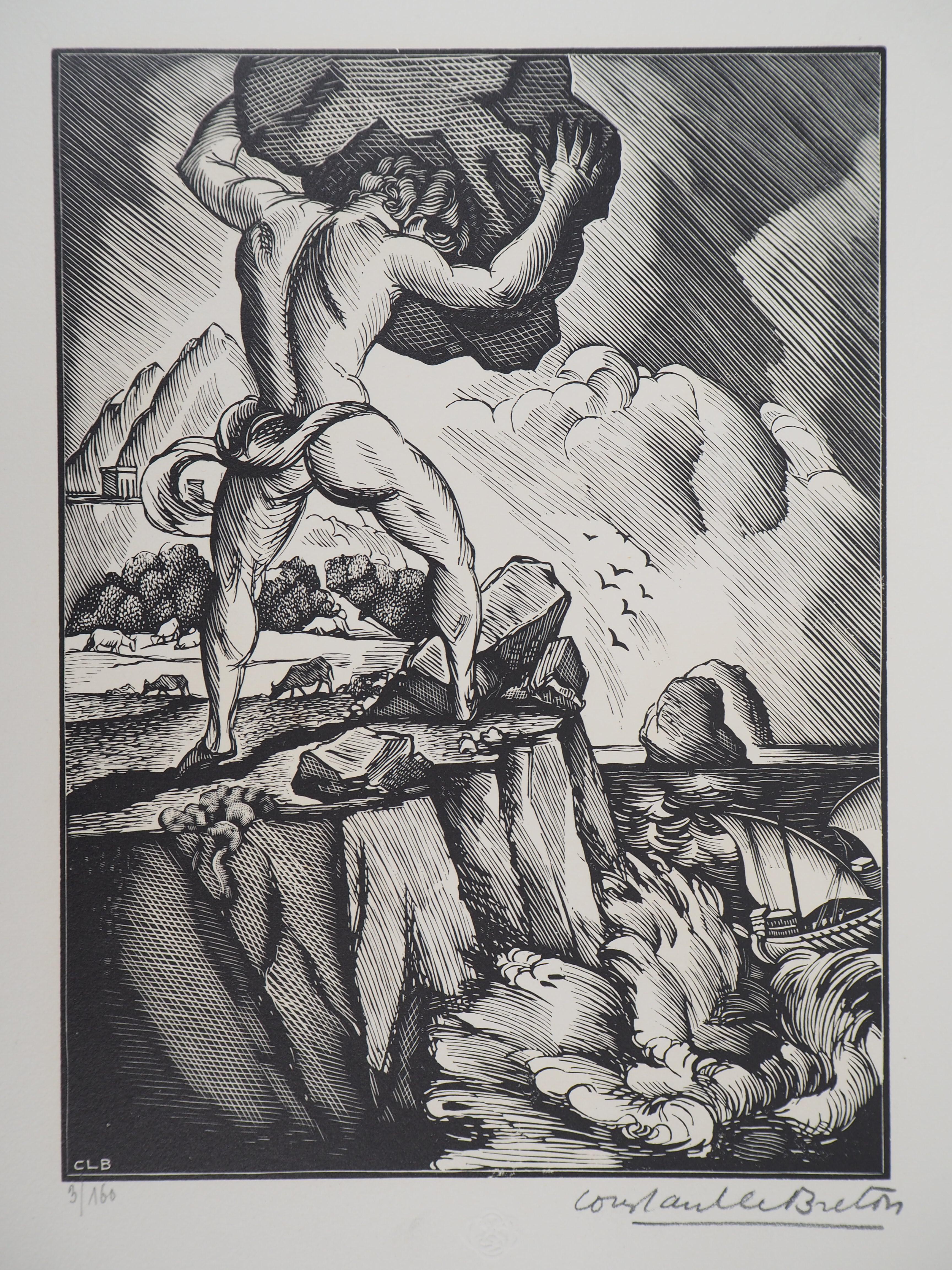 Cyclop Polyphene and Ulysses - Original wooodcut, Handsigned and numbered / 160 - Print by Daniel GIRARD 