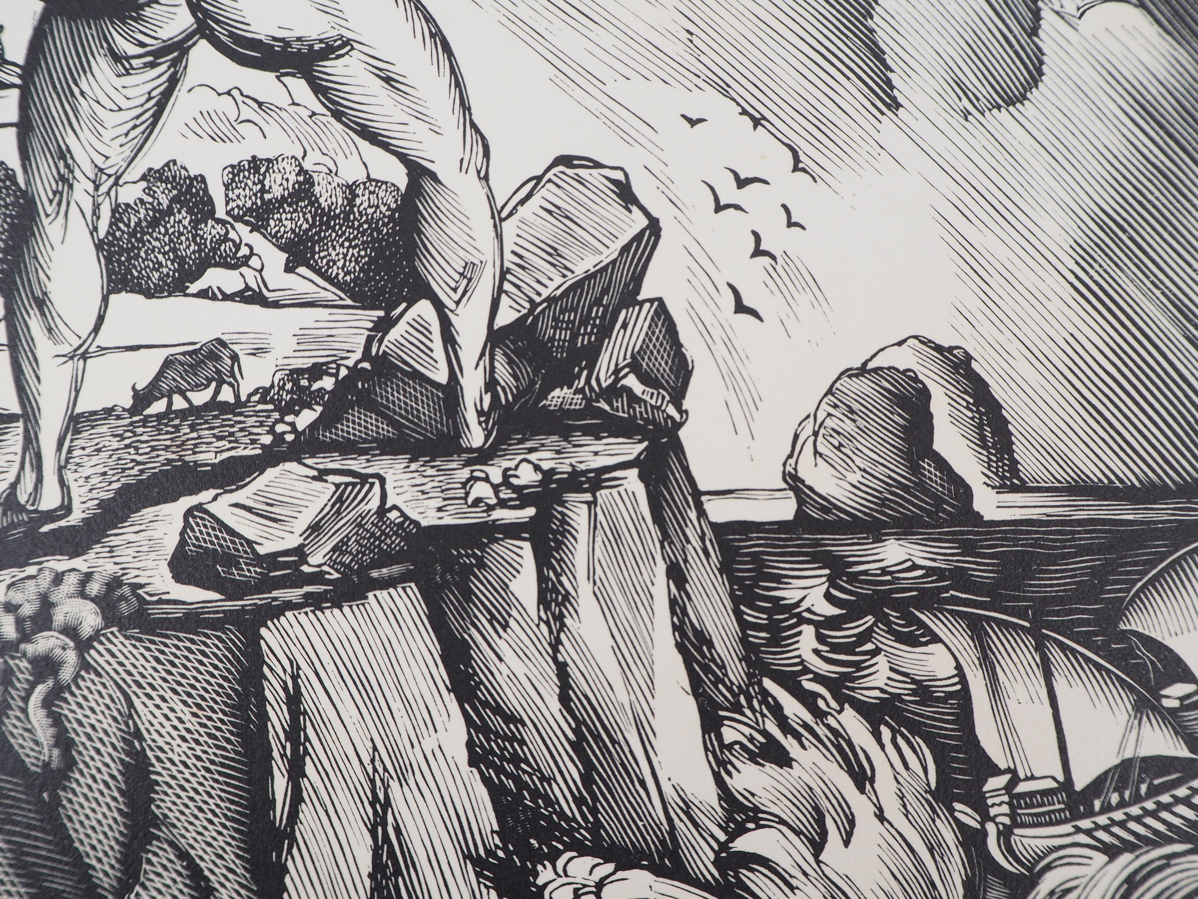 Cyclop Polyphene and Ulysses - Original wooodcut, Handsigned and numbered / 160 - Gray Figurative Print by Daniel GIRARD 