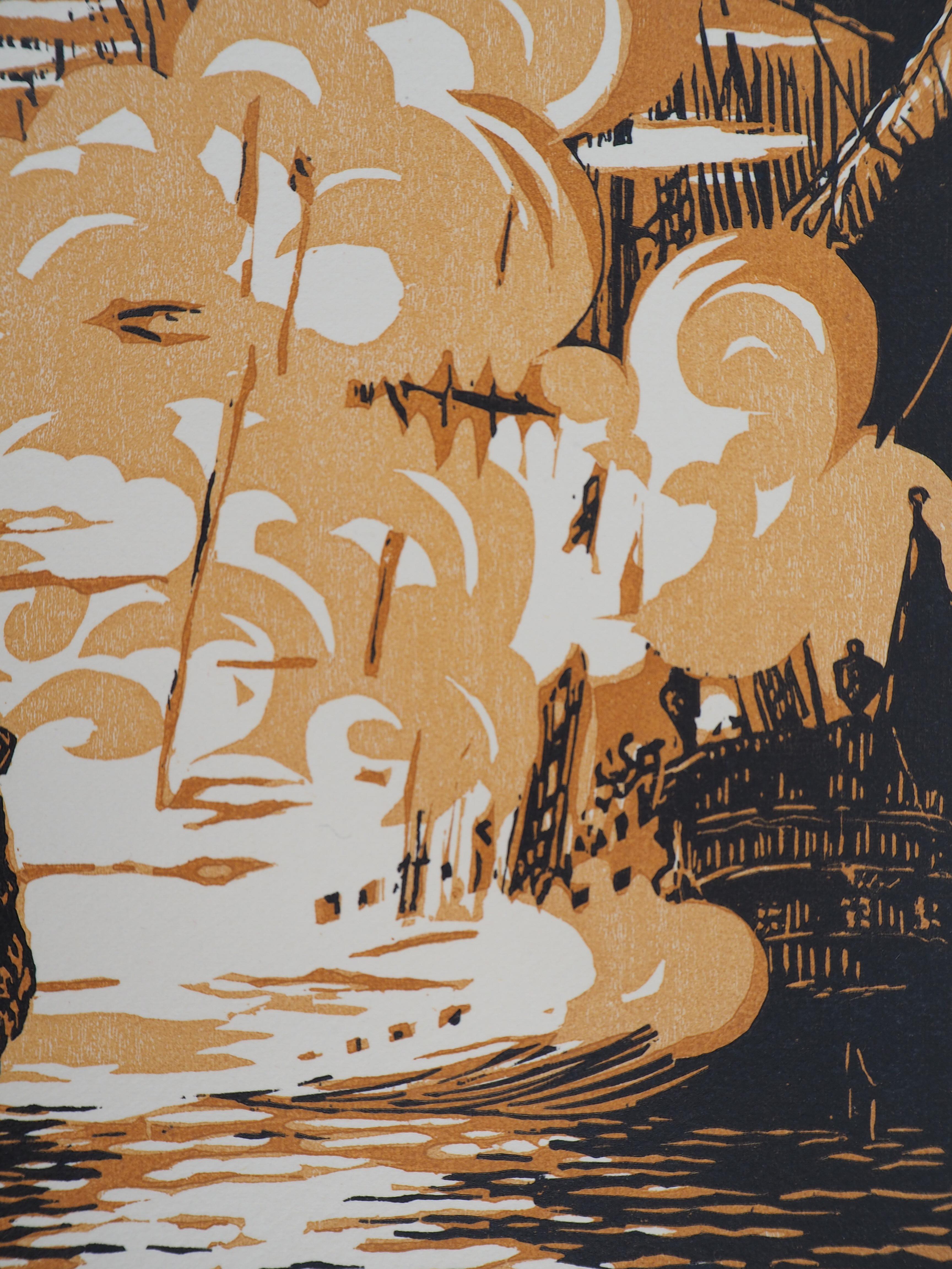Naval Combat : the Sailboats - Original wooodcut, Handsigned and numbered / 160 - Print by Daniel Girard