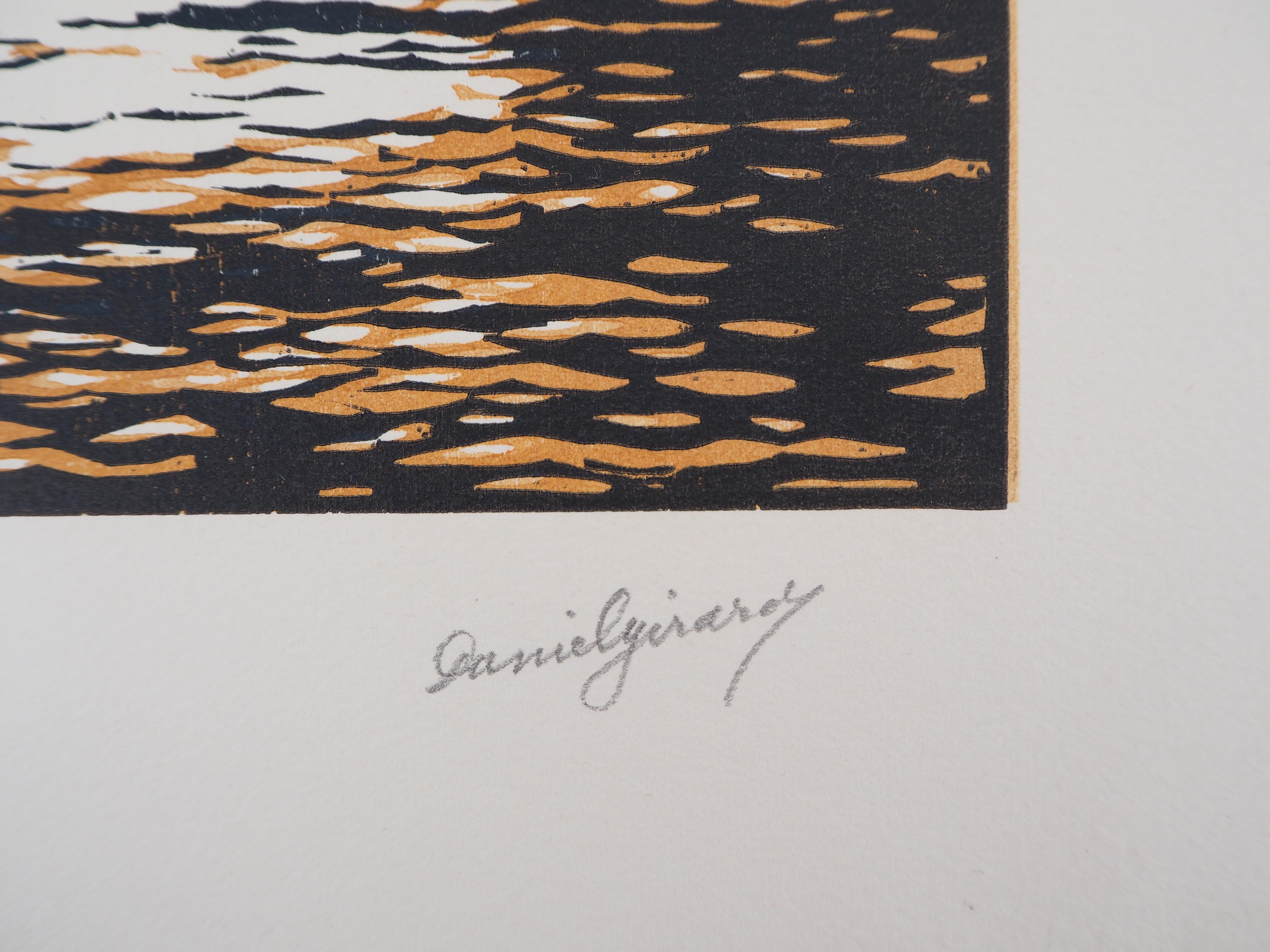 Naval Combat : the Sailboats - Original wooodcut, Handsigned and numbered / 160 - Modern Print by Daniel Girard