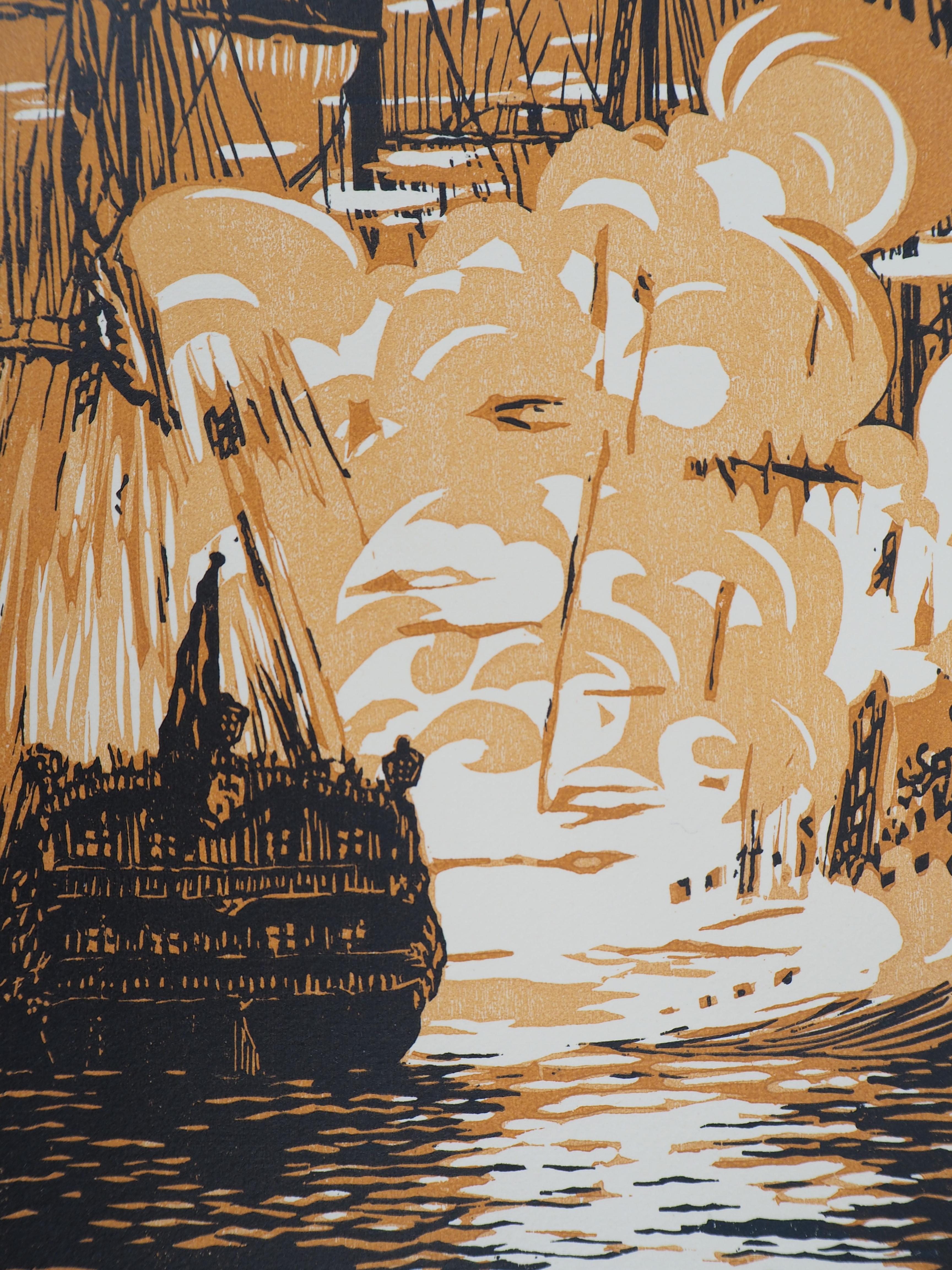 Daniel GIRARD
Naval Combat : the Sailboats, 1925

Original woodcut
Handsigned in pencil
Numbered /160
On vellum 32.5 x 25.5 cm (c. 13 x 10 in)
Bears the blind stamp of the editor 'Imagier de la Gravure sur Bois' (Lugt 1140a)

Excellent condition