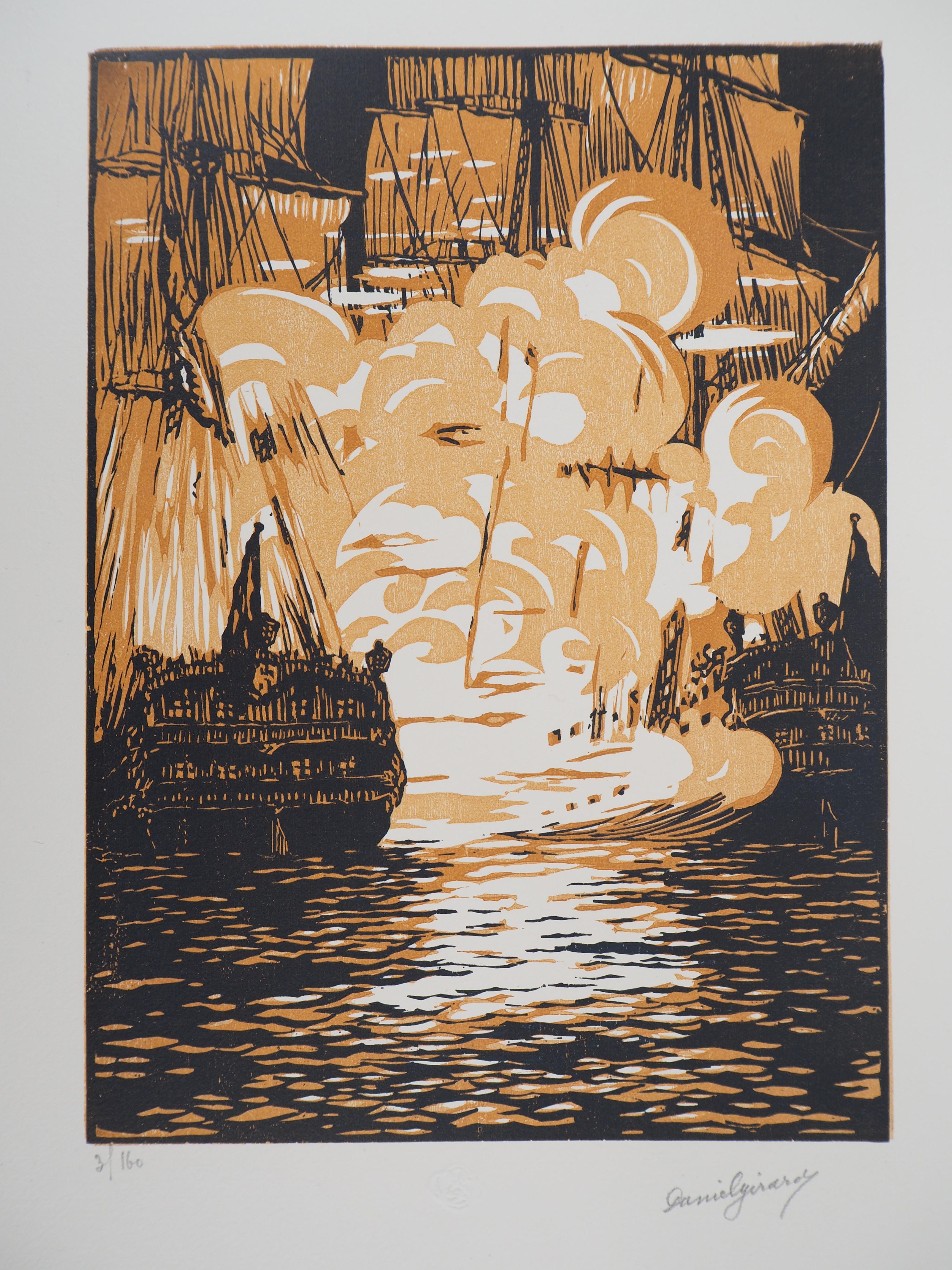 Naval Combat : the Sailboats - Original wooodcut, Handsigned and numbered / 160 For Sale 1