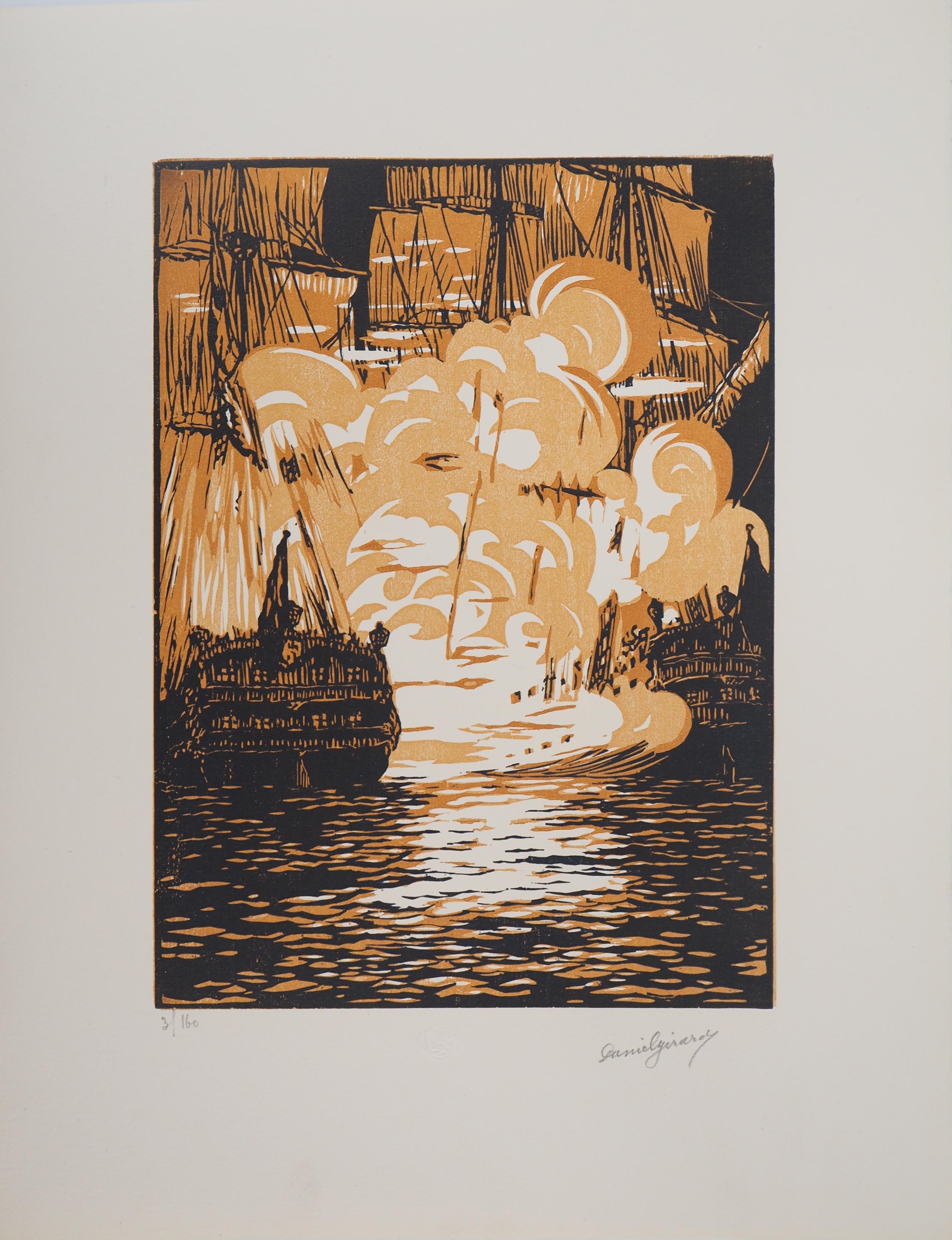 Daniel Girard Figurative Print - Naval Combat : the Sailboats - Original wooodcut, Handsigned and numbered / 160