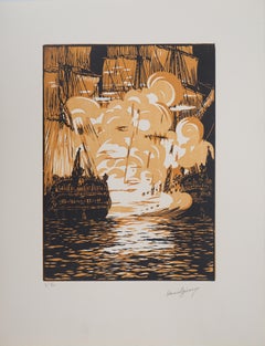Naval Combat : the Sailboats - Original wooodcut, Handsigned and numbered / 160