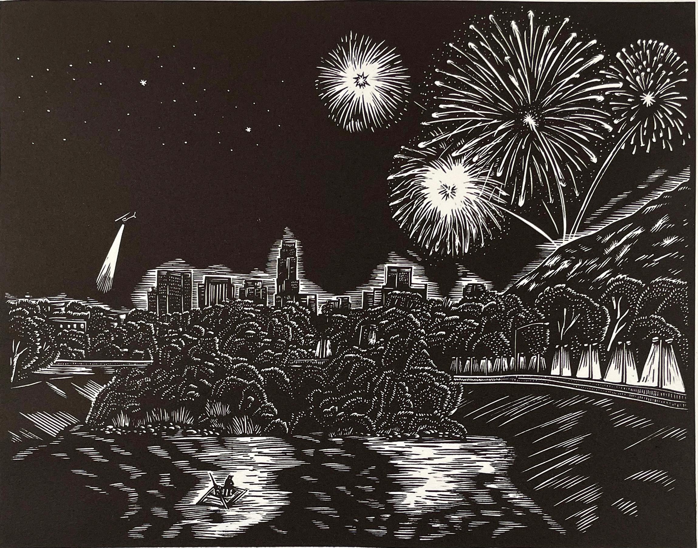 Daniel Gonzalez Landscape Print - Fireworks Over The River