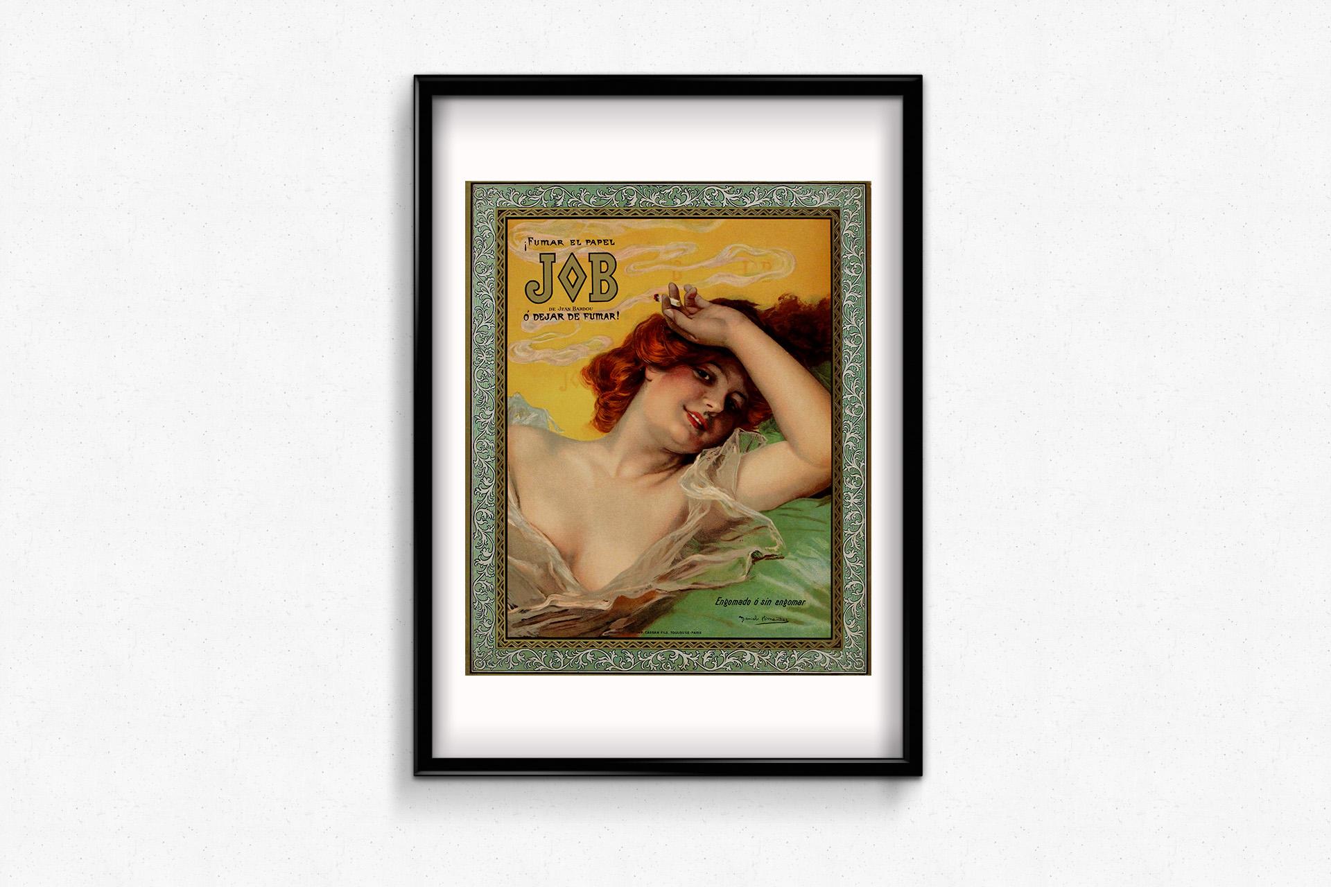 Dieses um 1900 von dem in Peru geborenen Künstler Daniel Hernández entworfene Jugendstil-Werbeplakat ist ein beeindruckendes Beispiel für das Marketing von Luxusmarken des frühen 20. Jahrhunderts. Die für JOB-Zigarettenpapier entworfene Werbung