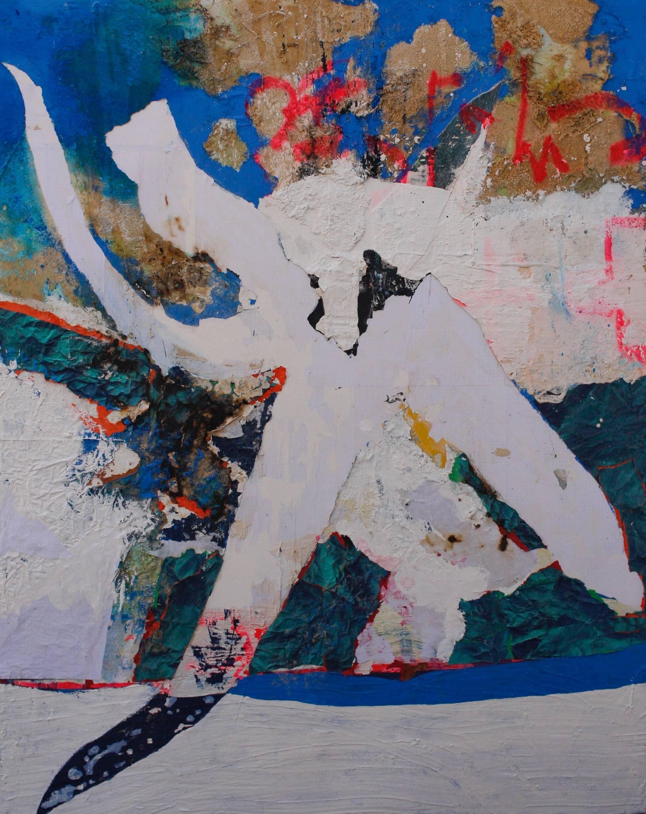 Daniel Holland Abstract Painting - Smoking Cigarettes Under the Peir- Abstract, Landscape, Figurative, Blue, Red