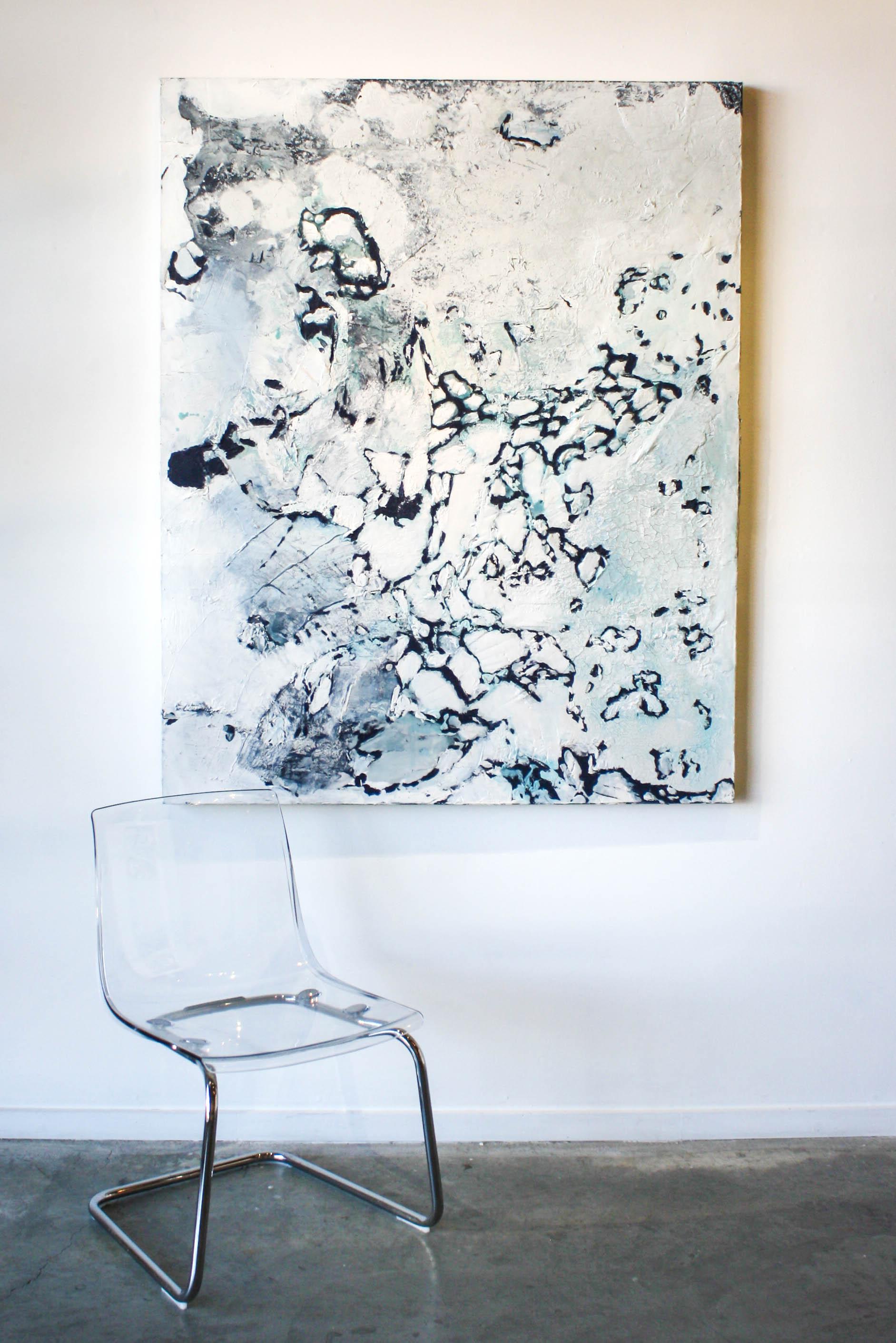 This landscape mixed media painting is an abstract depiction of snow and ice. The artist uses blue, white, gray, and black.

Daniel Holland (b. 1984, South Carolina, United States) attended Watkins College of Art and Design. He has shown in multiple