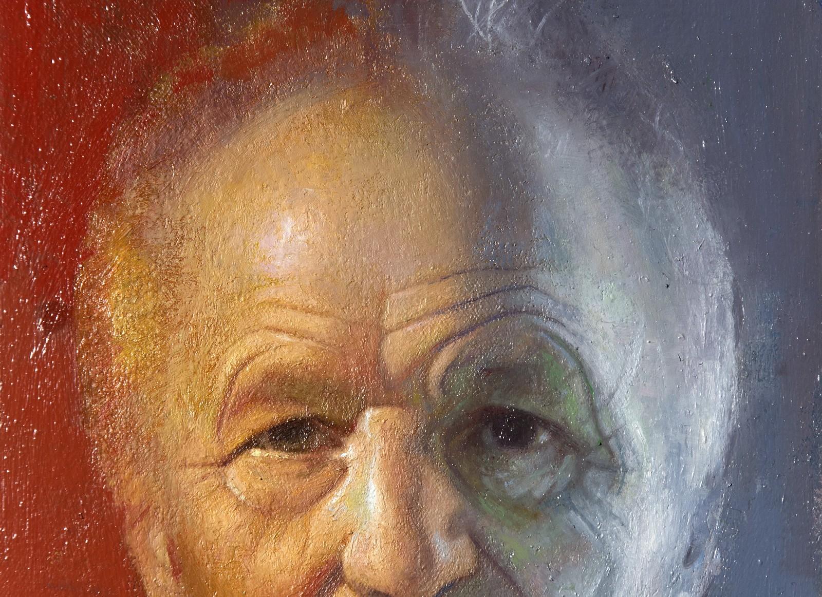 Antonio Lopez Garcia – rot, blau, männlich, figurativ, Porträt, Öl auf Leinwand (Realismus), Painting, von Daniel Hughes