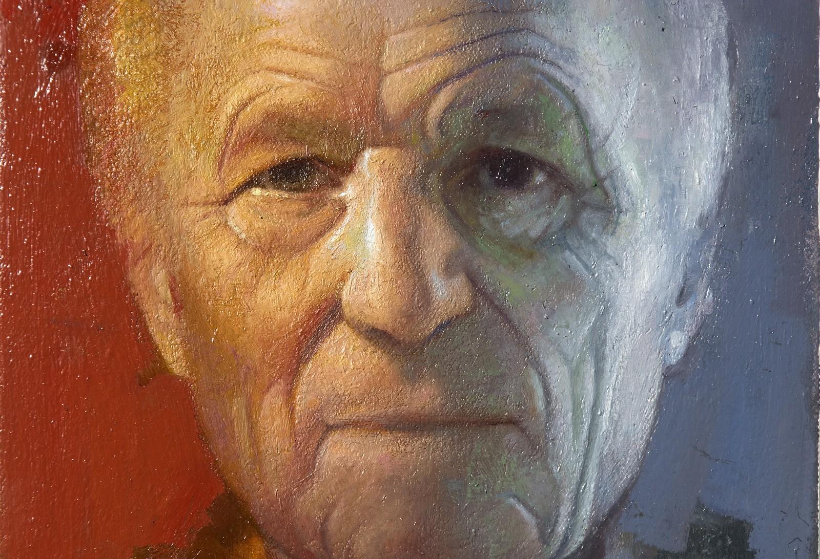Antonio Lopez Garcia – rot, blau, männlich, figurativ, Porträt, Öl auf Leinwand (Braun), Figurative Painting, von Daniel Hughes
