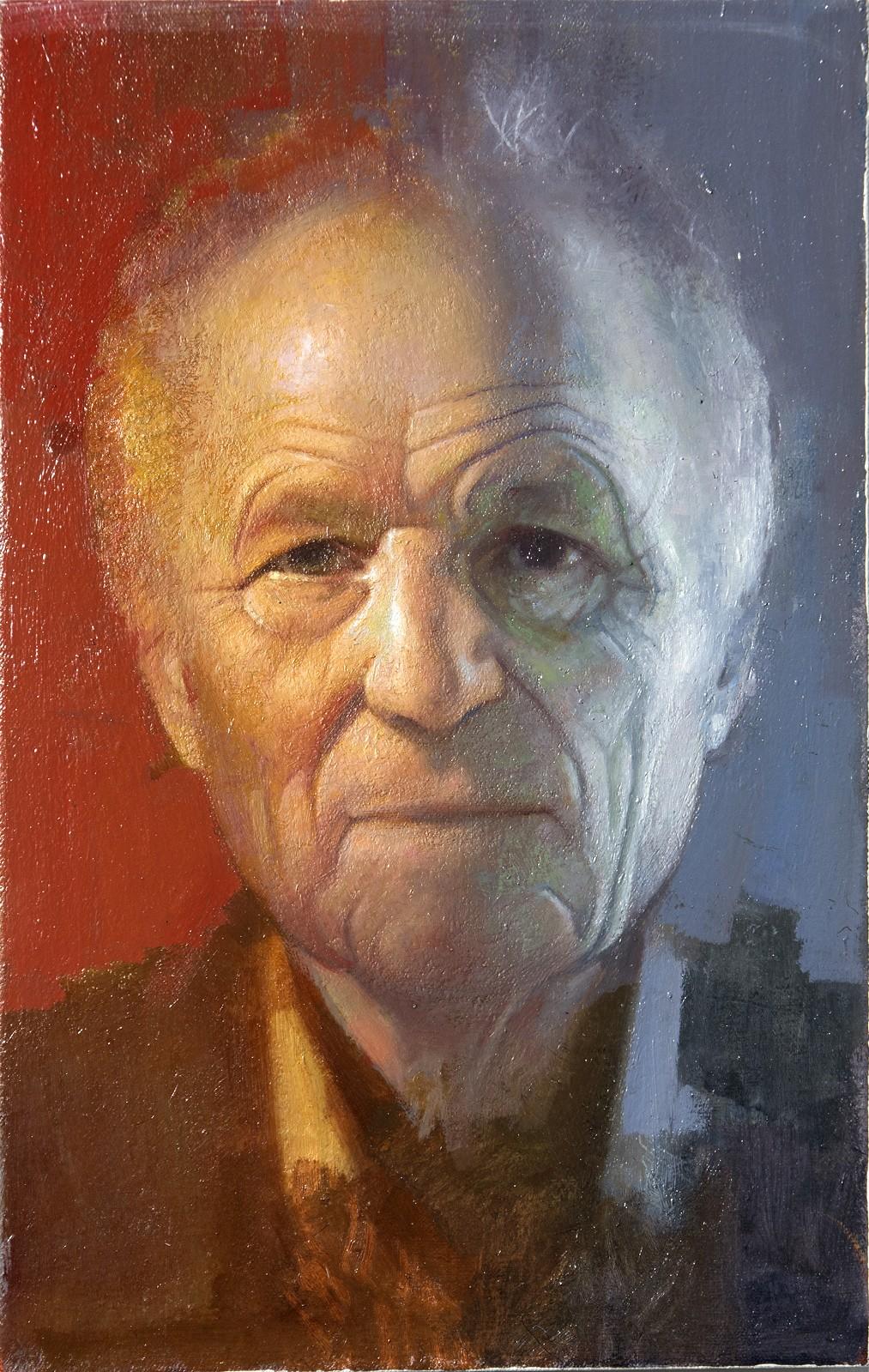 Daniel Hughes Figurative Painting – Antonio Lopez Garcia – rot, blau, männlich, figurativ, Porträt, Öl auf Leinwand