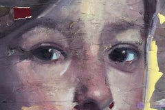 Gavin - grey, yellow, young male, figurative, portrait, oil, collage on canvas