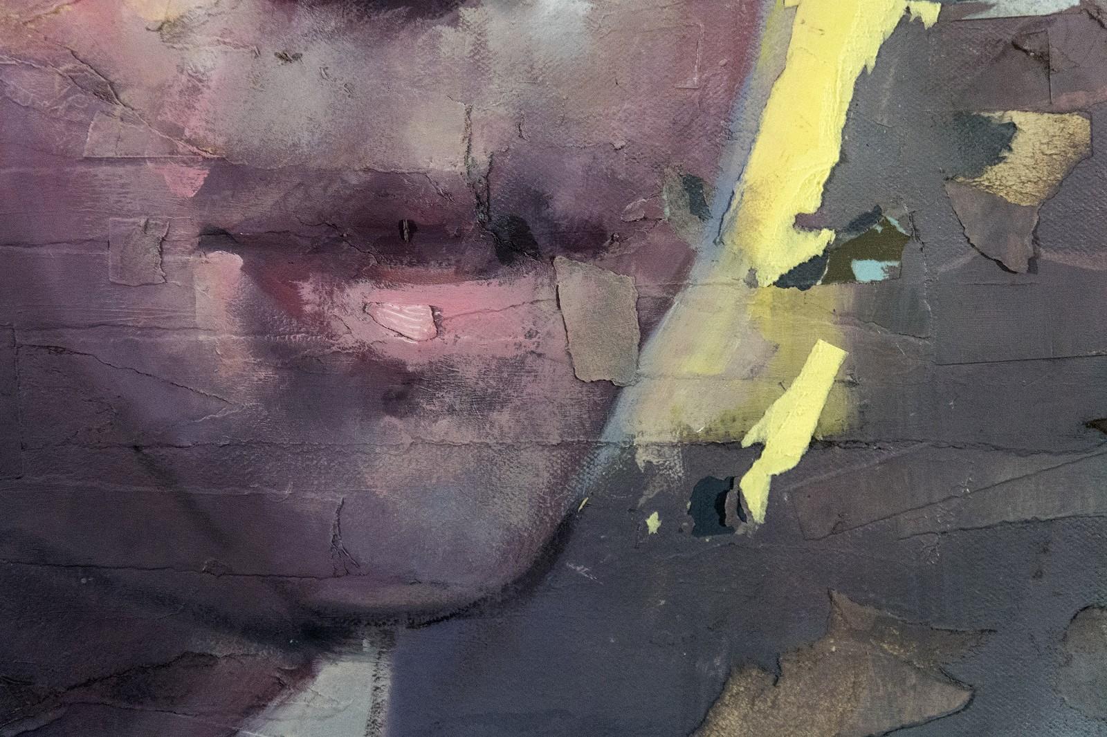 Gavin - grau, gelb, junger Mann, figurativ, Porträt, Öl, Collage auf Leinwand (Realismus), Painting, von Daniel Hughes