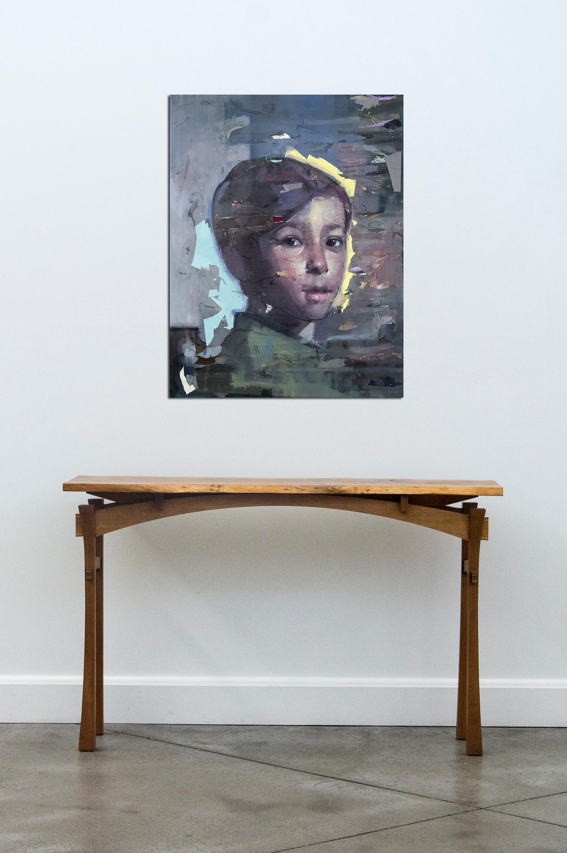 Gavin - gris, jaune, jeune homme, figuratif, portrait, huile, collage sur toile en vente 1