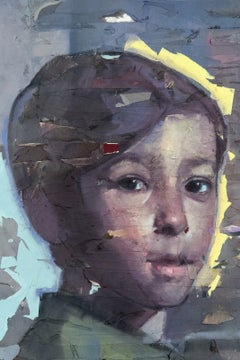 Gavin - grey, yellow, young male, figurative, portrait, oil, collage on canvas