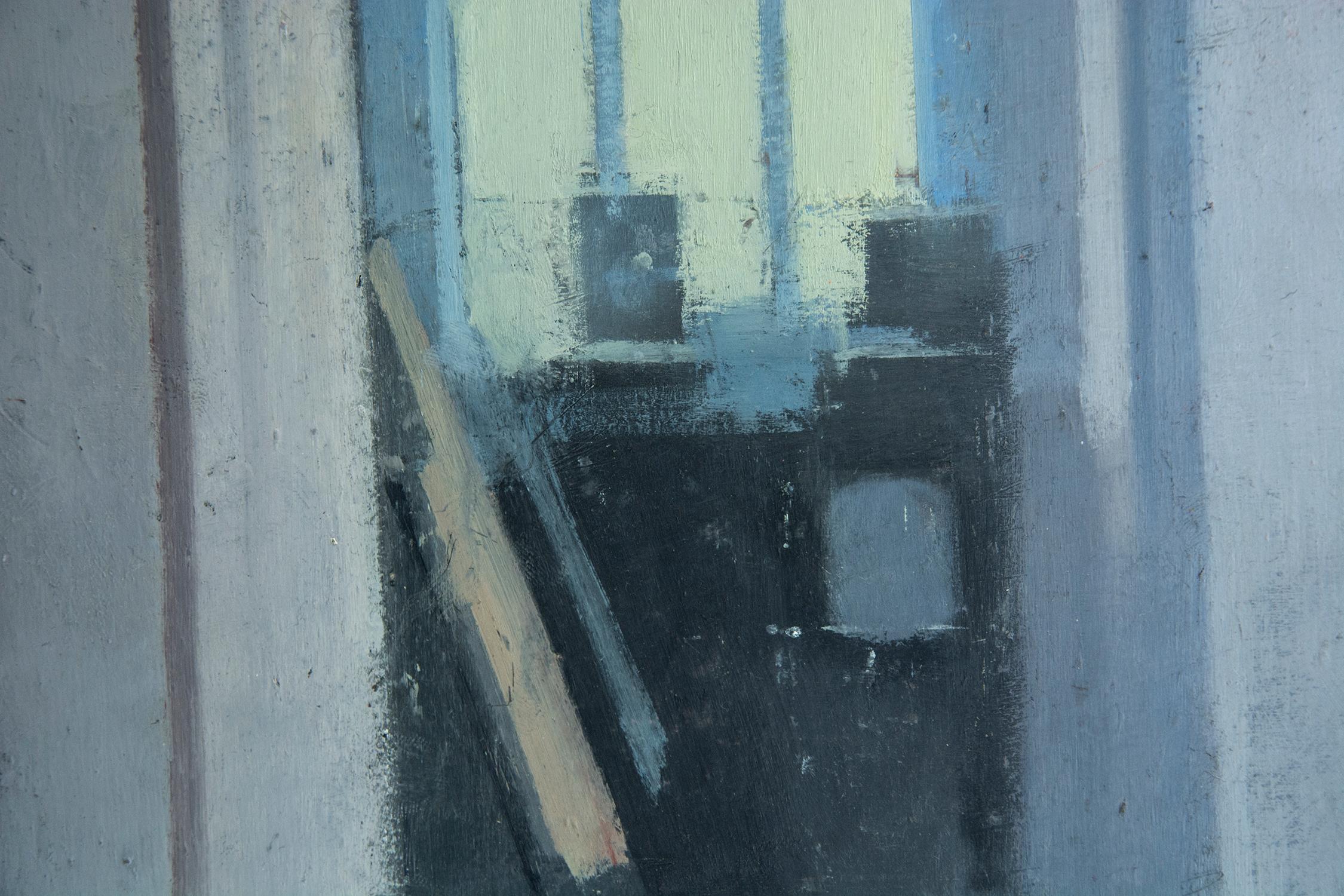Studio - small, cool colors, intimate, interior, abstraction, oil on panel - Painting by Daniel Hughes