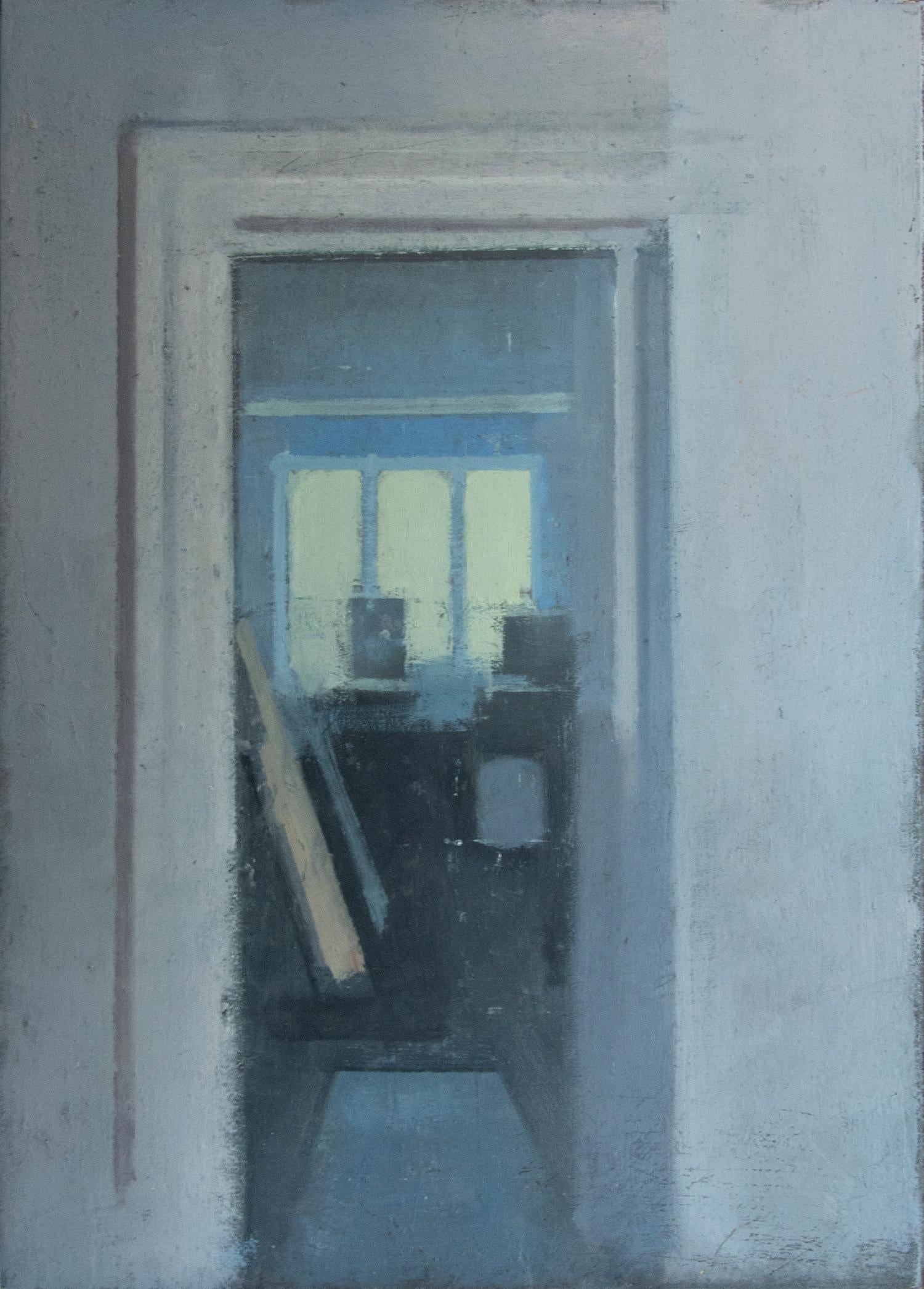 Daniel Hughes Interior Painting - Studio - small, cool colors, intimate, interior, abstraction, oil on panel