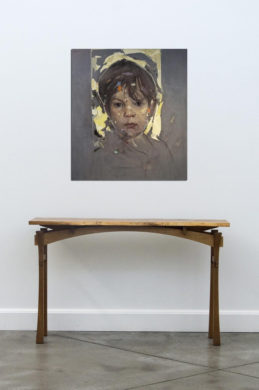 Atticus - gris, jaune, jeune homme, figuratif, portrait, huile, collage sur toile - Painting de Daniel Hughes
