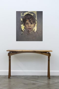 Atticus - grigio, giallo, giovane uomo, figurativo, ritratto, olio, collage su tela