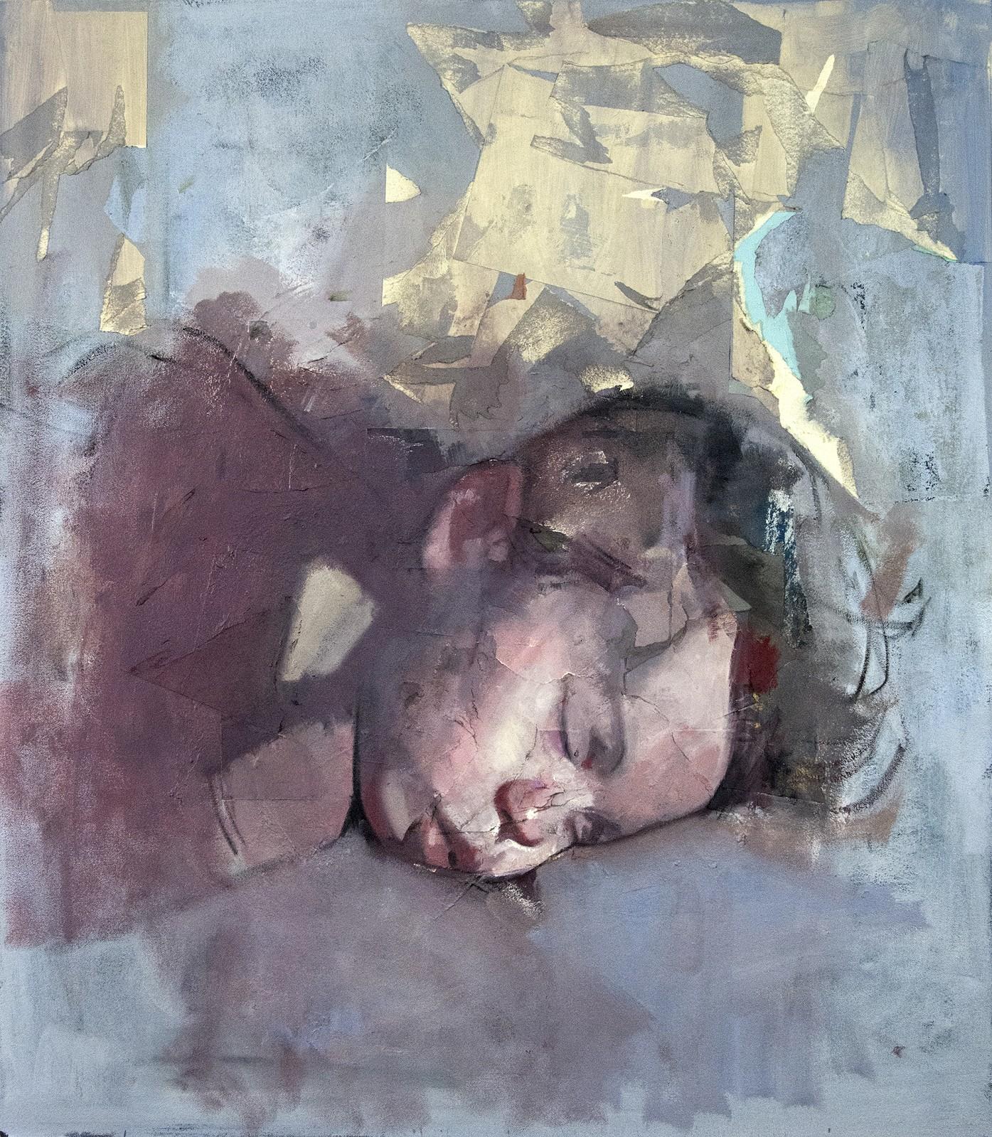 Baby Atticus - grey, yellow, male, figurative, portrait, oil, collage on canvas - Painting by Daniel Hughes
