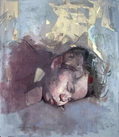 Baby Atticus - grey, yellow, male, figurative, portrait, oil, collage on canvas