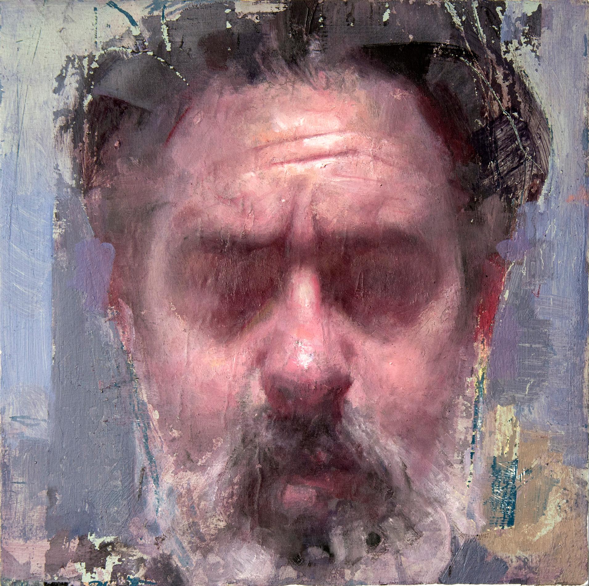 Self Portrait - cool, expressive, male, figurative, oil and collage on canvas