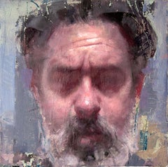 Self Portrait - cool, expressive, male, figurative, oil and collage on canvas
