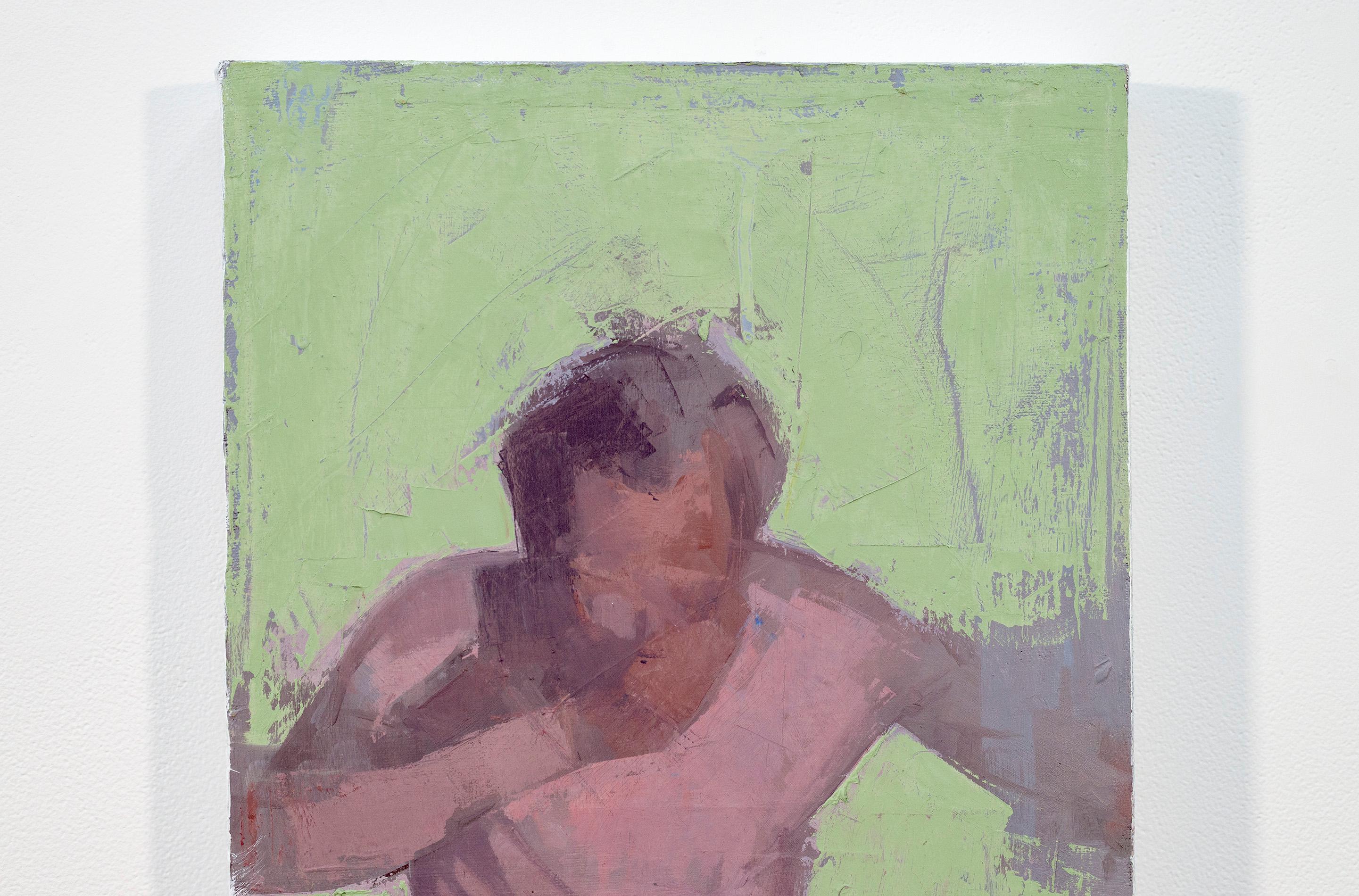 Diver No 1 – grün, lila, Porträt, männlich, abstrakt, figurativ, Öl auf Leinwand (Realismus), Painting, von Daniel Hughes