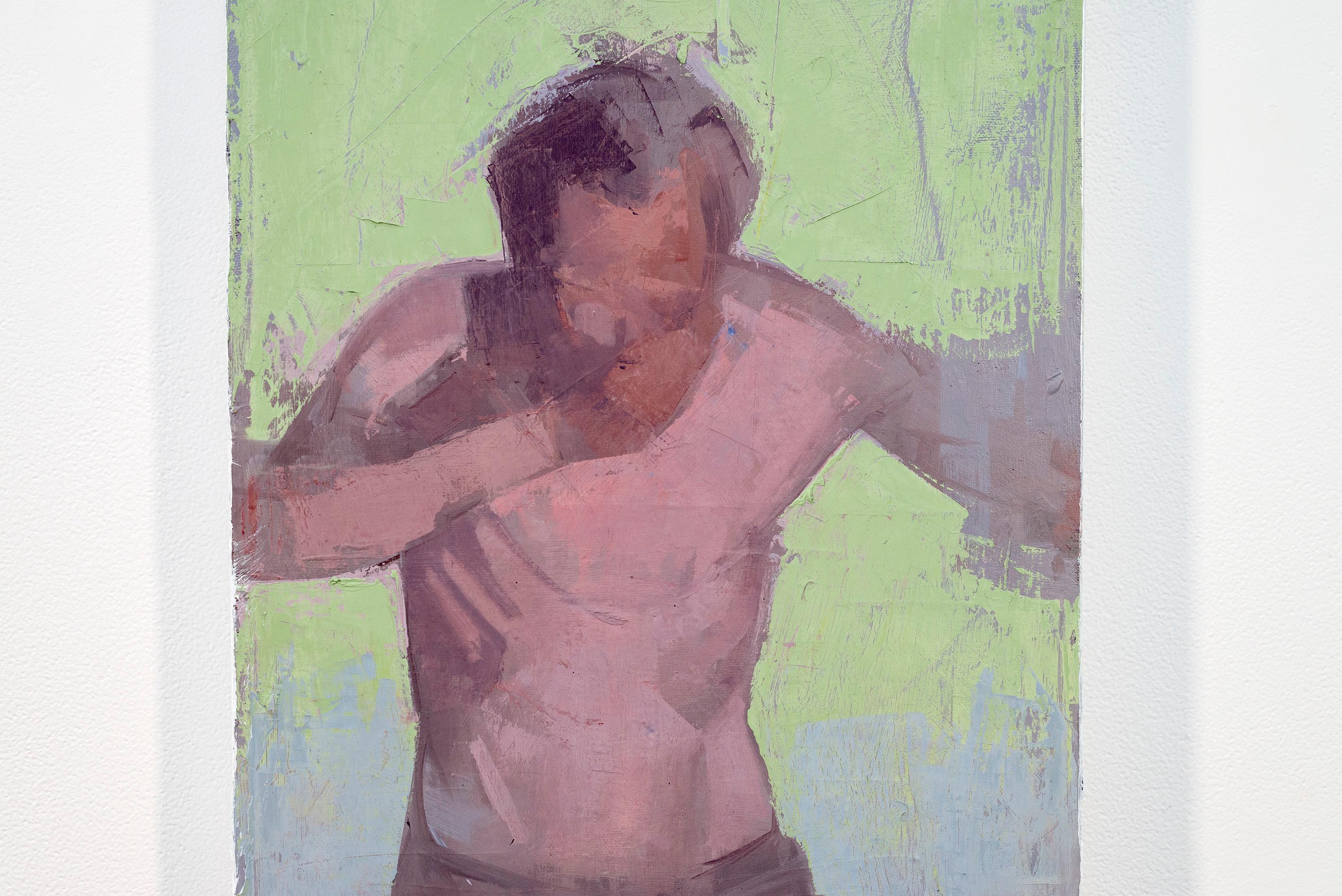 Diver No 1 - green, purple, portrait, male, abstract figurative, oil on canvas - Realist Painting by Daniel Hughes