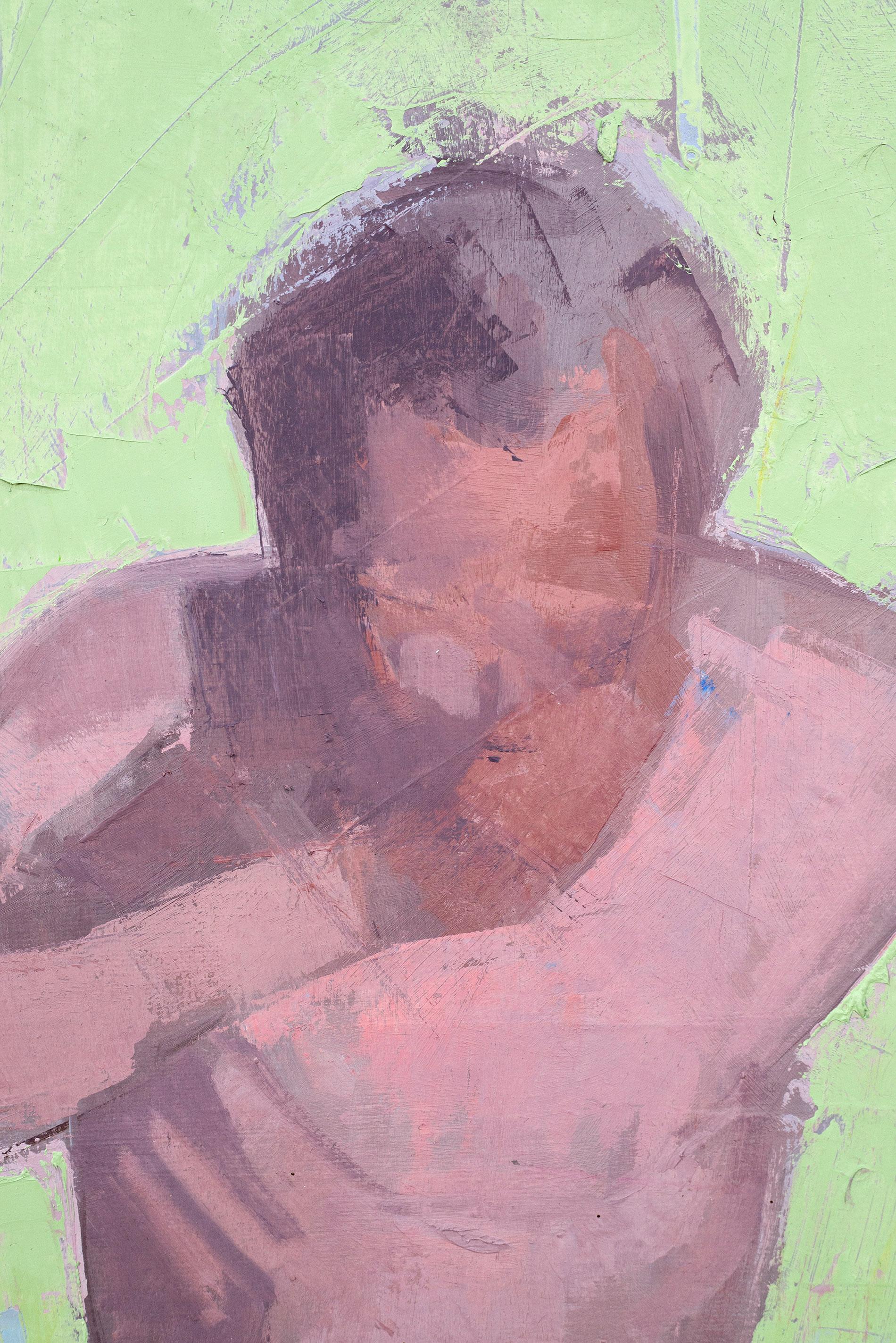 Diver No 1 - green, purple, portrait, male, abstract figurative, oil on canvas For Sale 3
