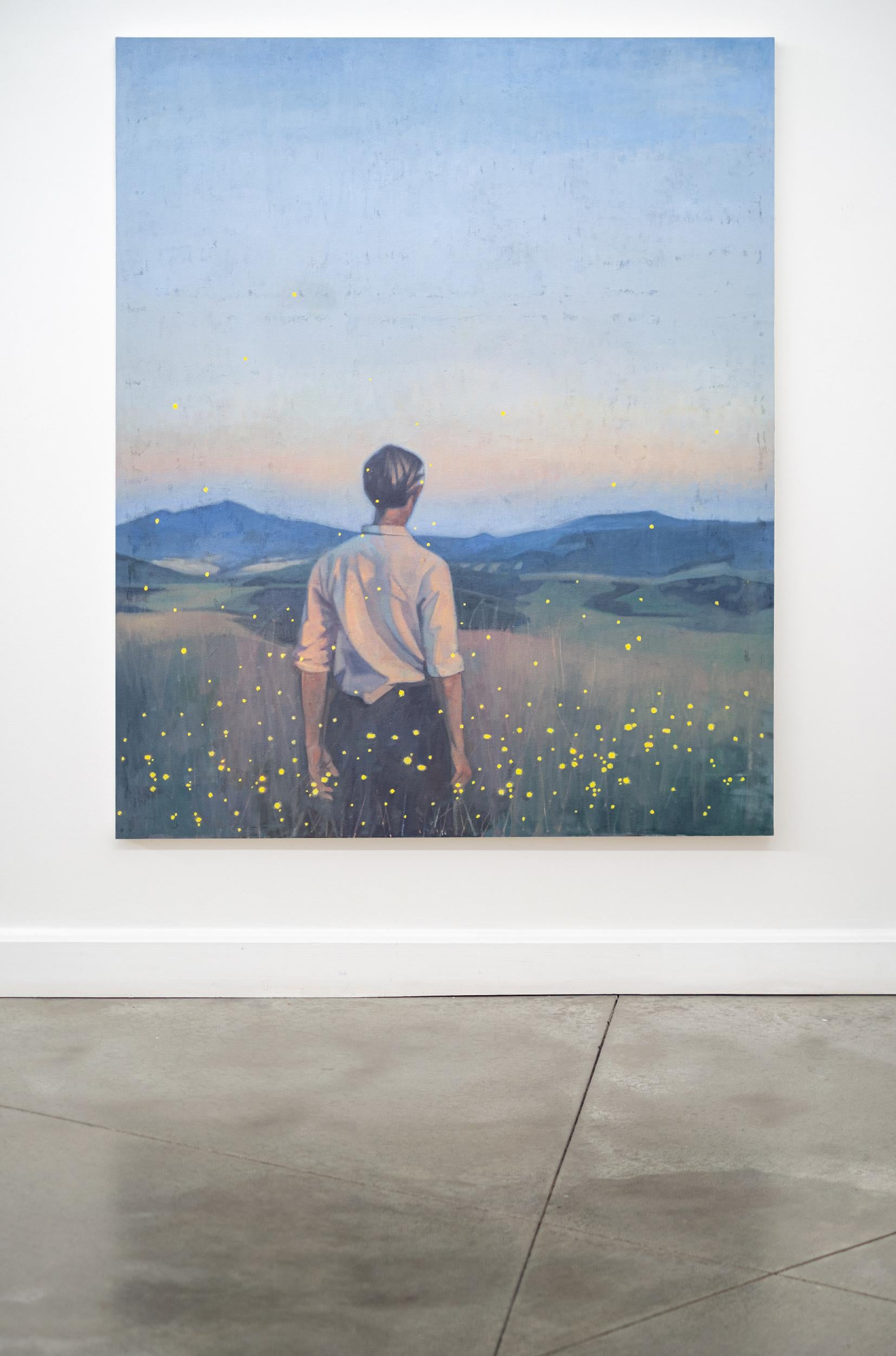 Fireflies II - contemporary, figurative, portrait, oil on canvas - Blue Portrait Painting by Daniel Hughes