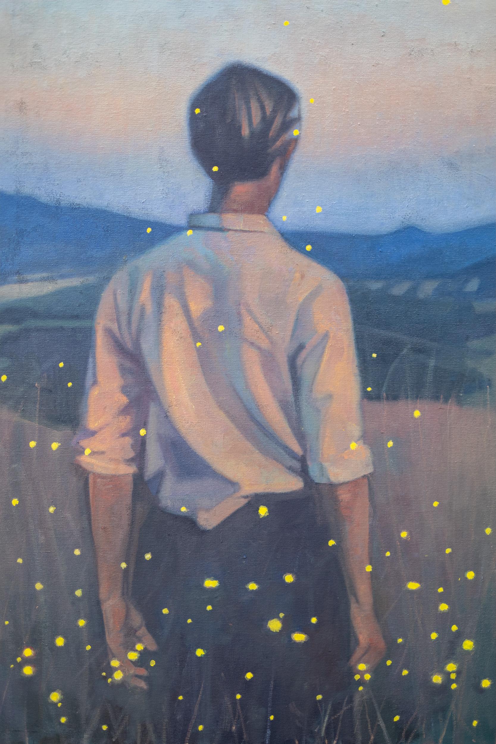 This realistic oil portrait of a young man is by Daniel Hughes.

In a field surrounded by the magical glow of dozens of fireflies, a young man stands alone, looking towards hills in the distance. It is summer. The setting sun has given the pale blue