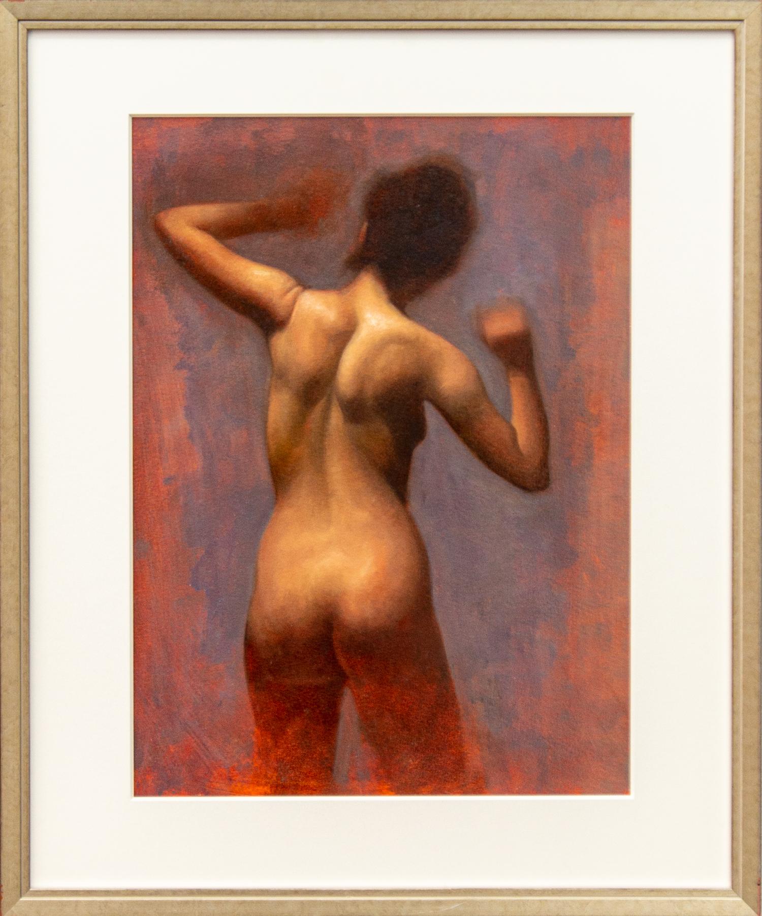 Nude Back - soft, colorful, abstracted figurative, nude, female, oil on paper - Painting by Daniel Hughes