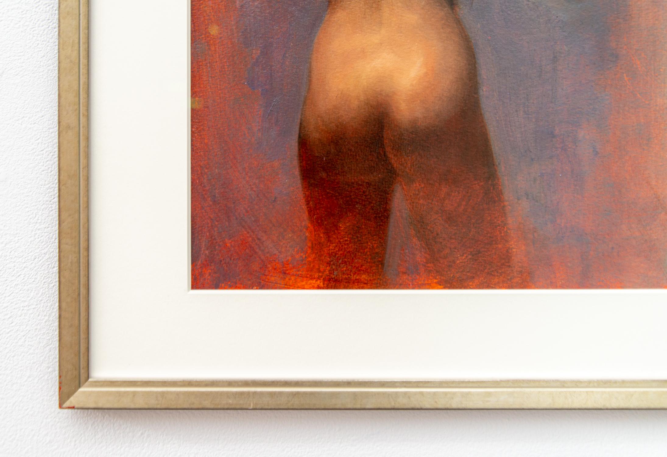 Nude zurück - weicher, farbenfroher, abstrahierter figurativer Akt, weiblicher Akt, Öl auf Papier (Grau), Figurative Painting, von Daniel Hughes