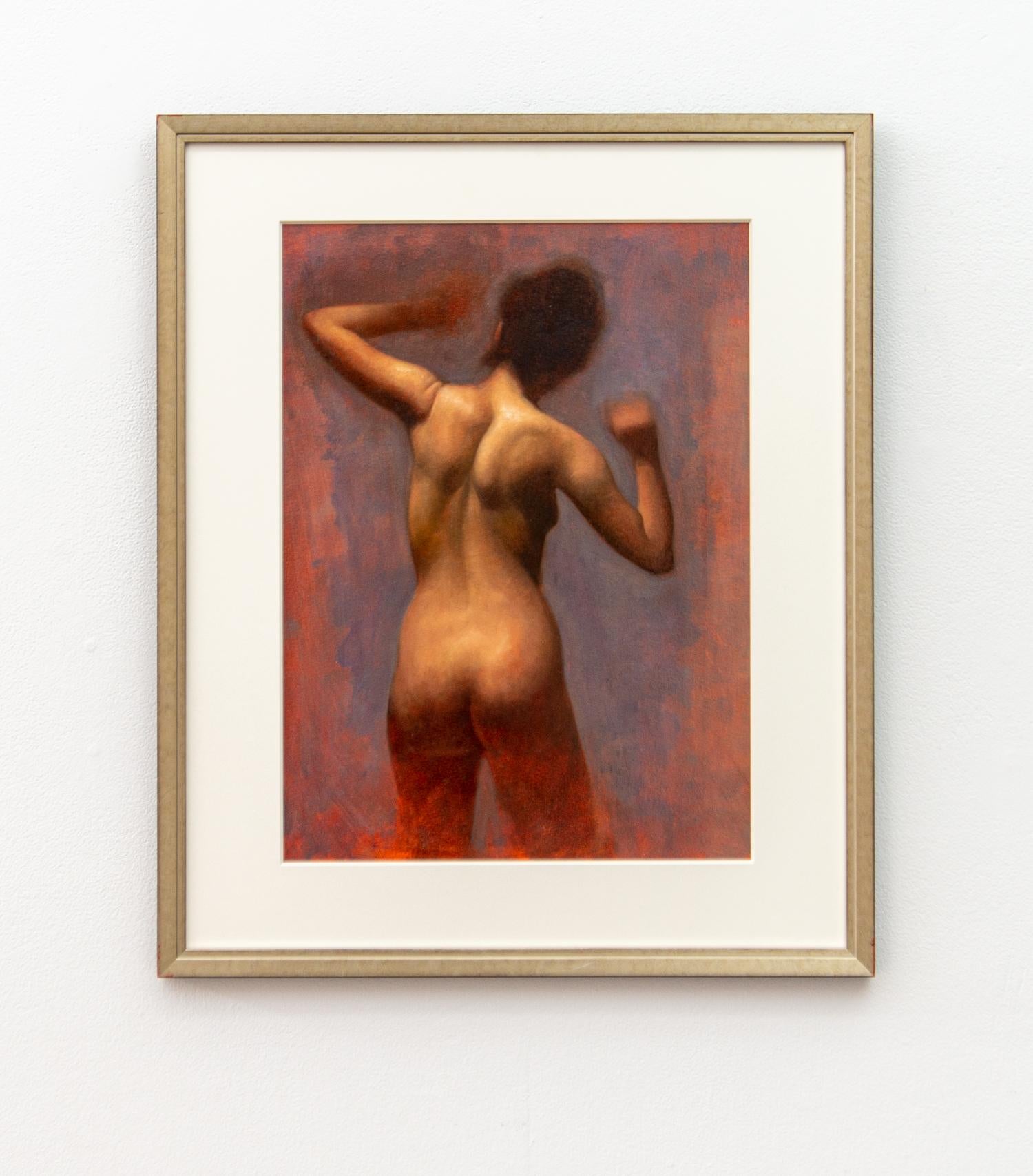 Sensuale ritratto di una donna nuda in un ambiente astratto rosso e grigio. Daniel Hughes rende omaggio alle tecniche pittoriche classiche con mano libera. Le pennellate di colore audaci e modulate mostrano la composizione formale in una luce nuova