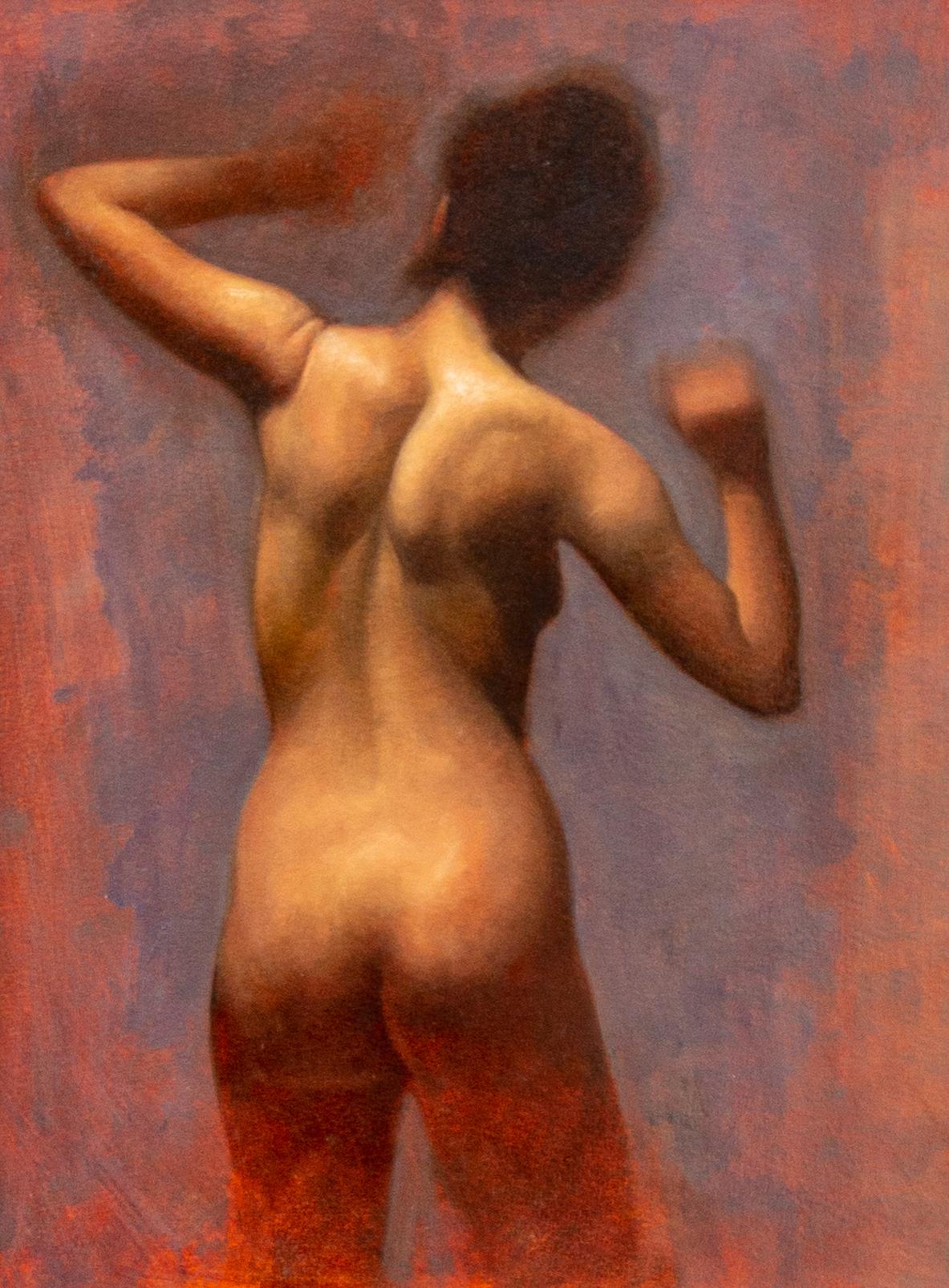Daniel Hughes Figurative Painting – Nude zurück - weicher, farbenfroher, abstrahierter figurativer Akt, weiblicher Akt, Öl auf Papier