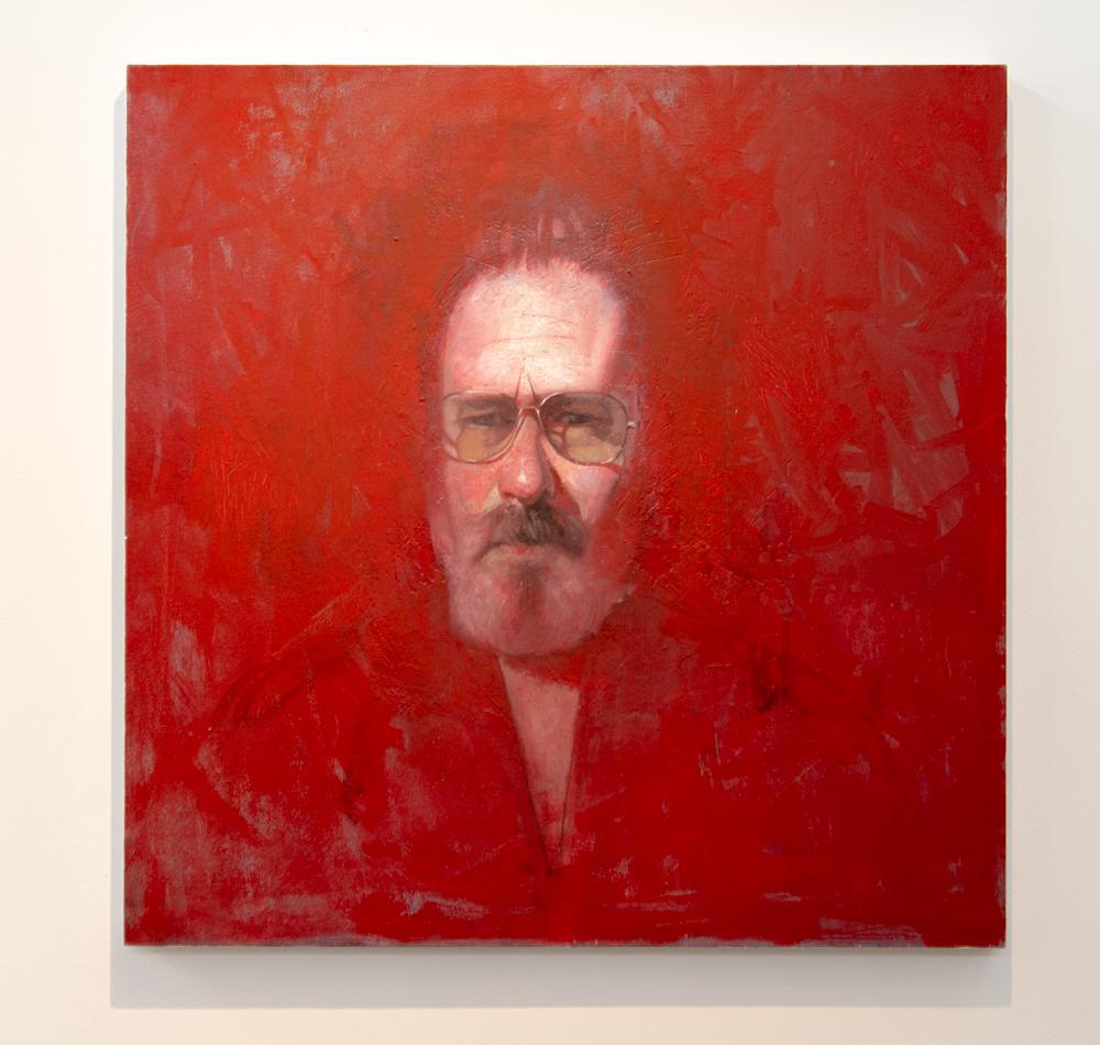 Self Portrait (2021) - vibrant, expressive, red, male, figurative, oil on canvas - Painting by Daniel Hughes
