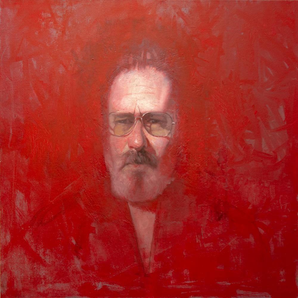 Daniel Hughes Portrait Painting - Self Portrait (2021) - vibrant, expressive, red, male, figurative, oil on canvas