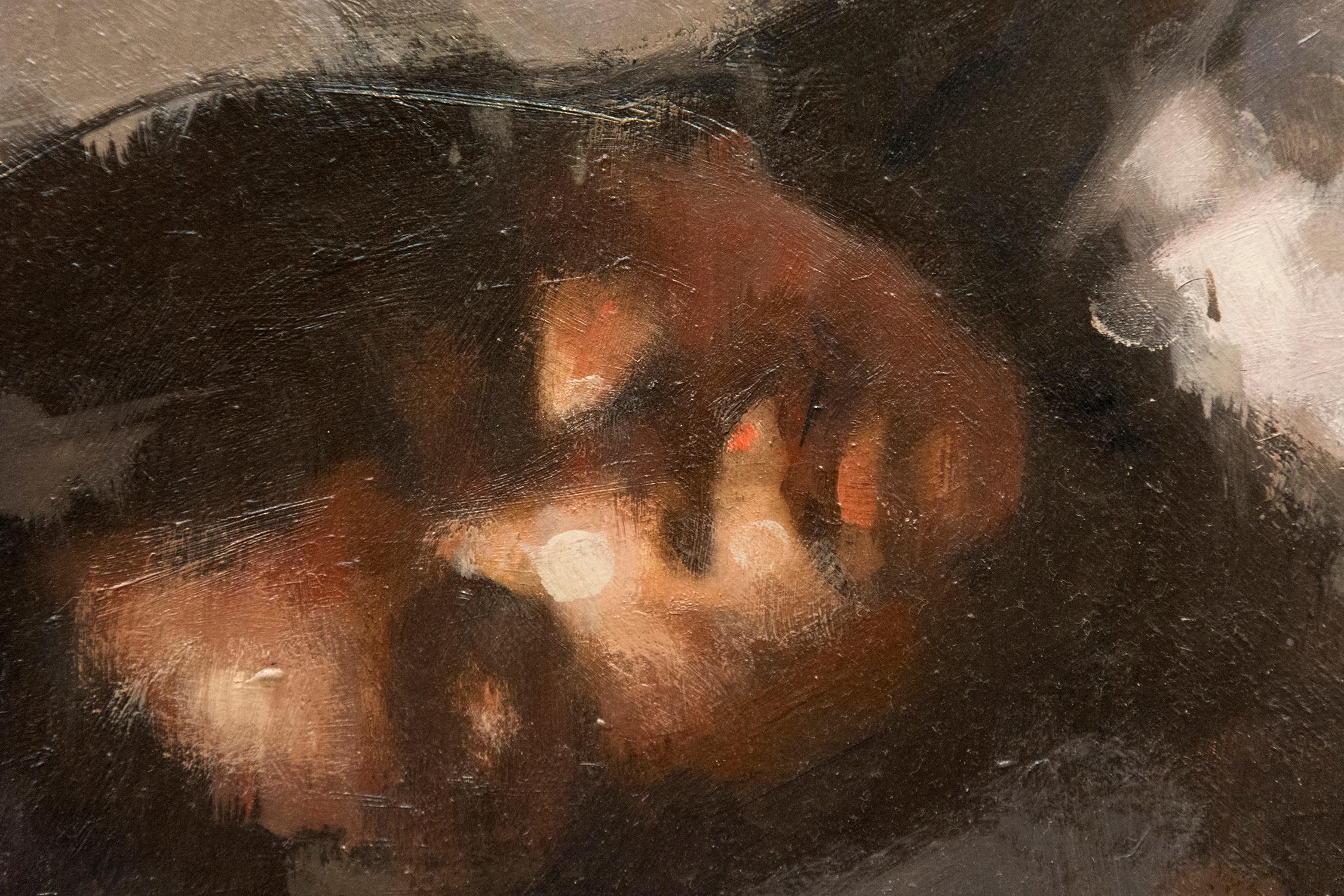 Niñas durmiendo - contemporáneo, figurativo, retrato, acrílico, óleo sobre tabla - Portrait Painting Marrón de Daniel Hughes
